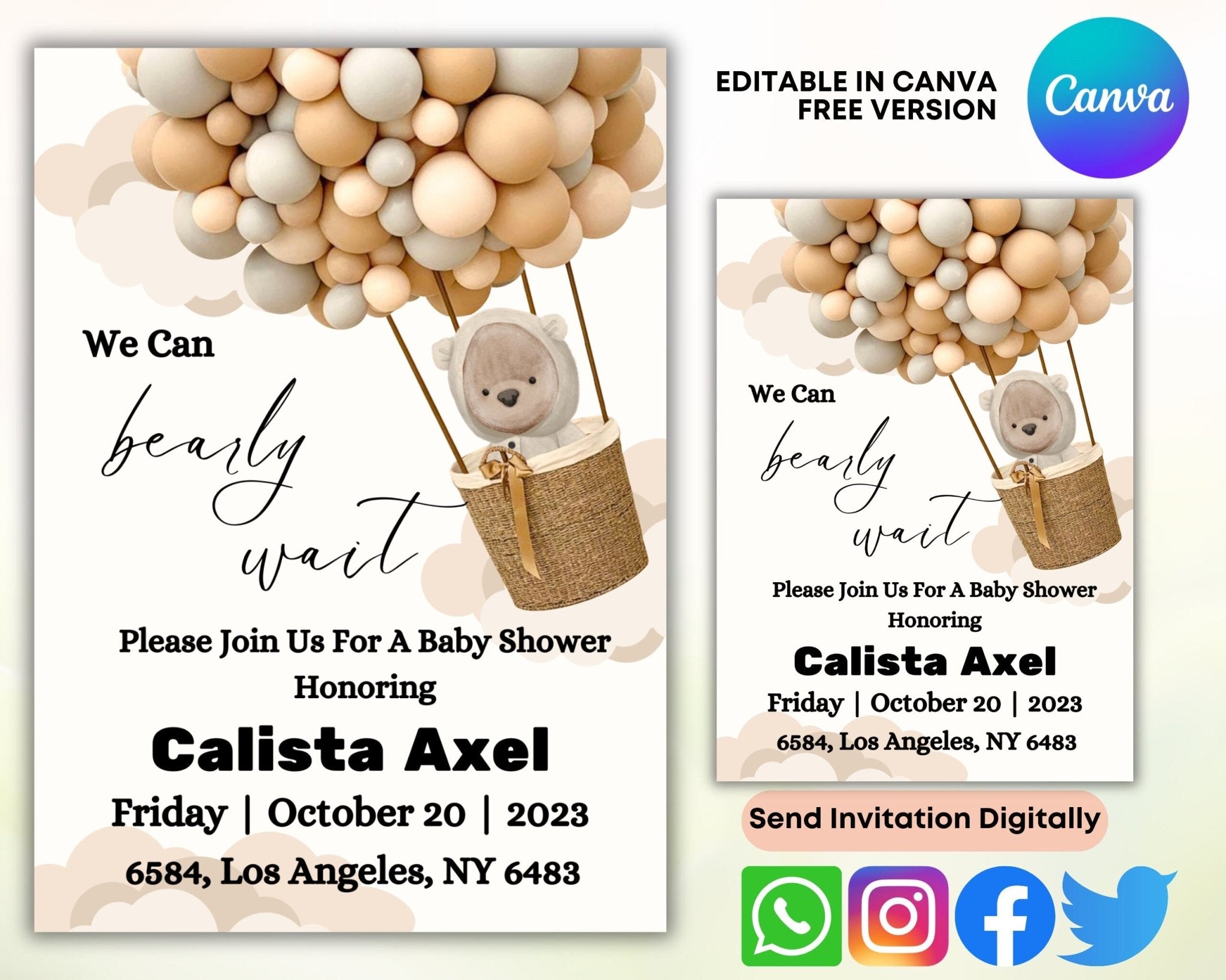 Editable 5x7 baby shower card in Canva
