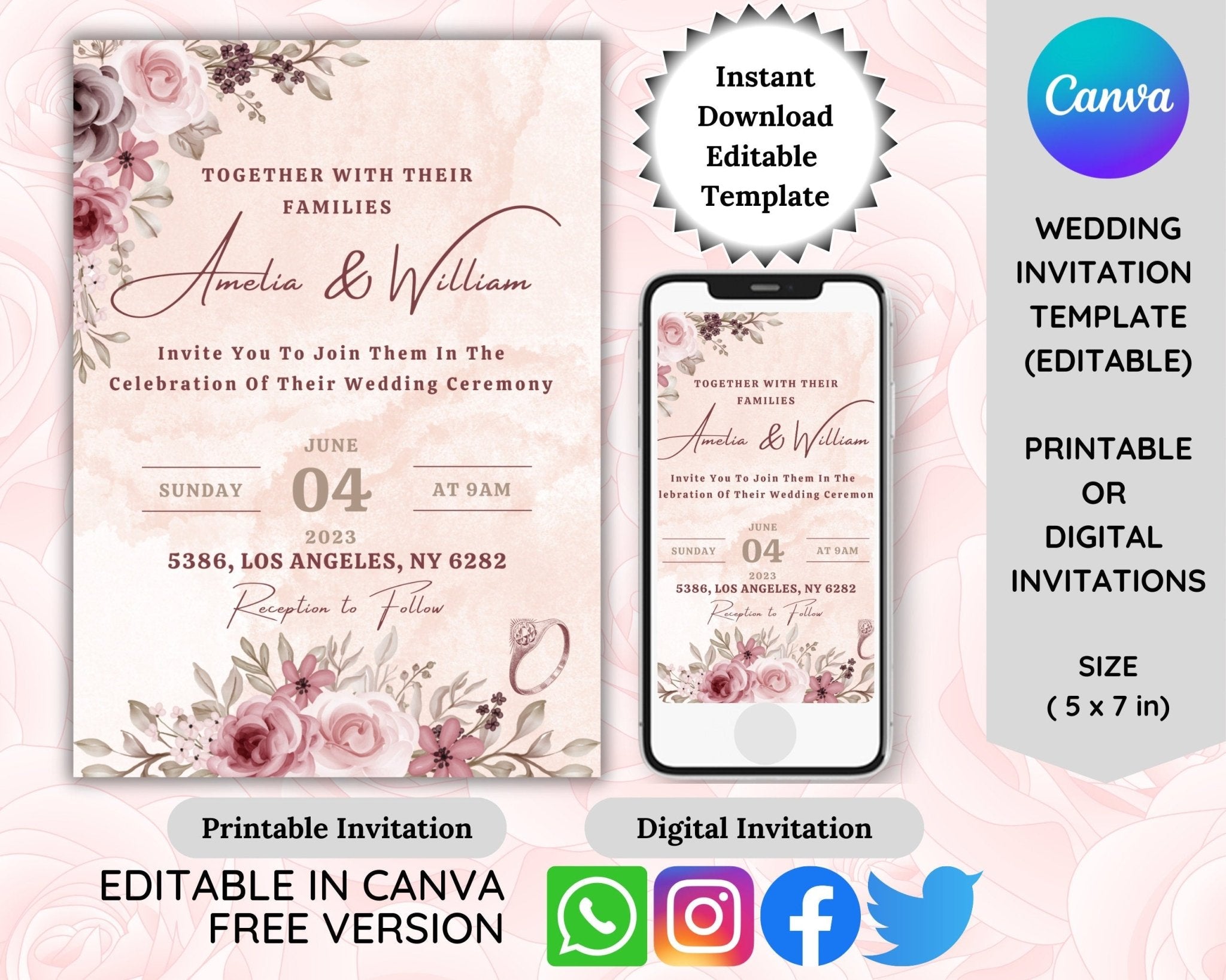 Floral watercolor wedding invitation template in Canva
