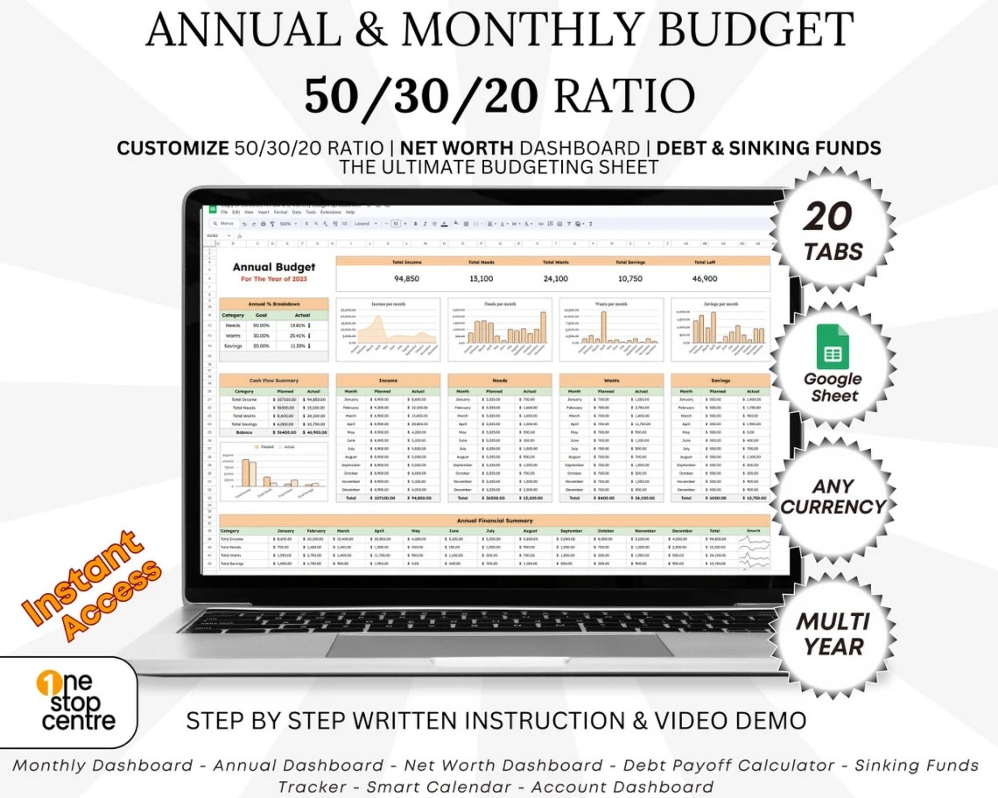 50/30/20 budget spreadsheet annual dashboard in Google Sheets