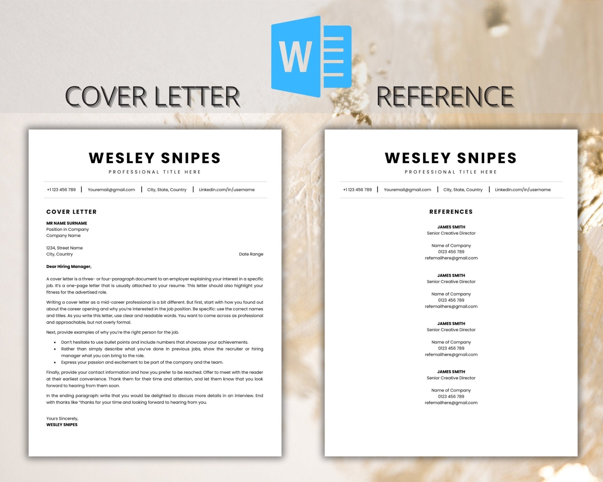 Professional Word resume and cover letter and reference template bundle