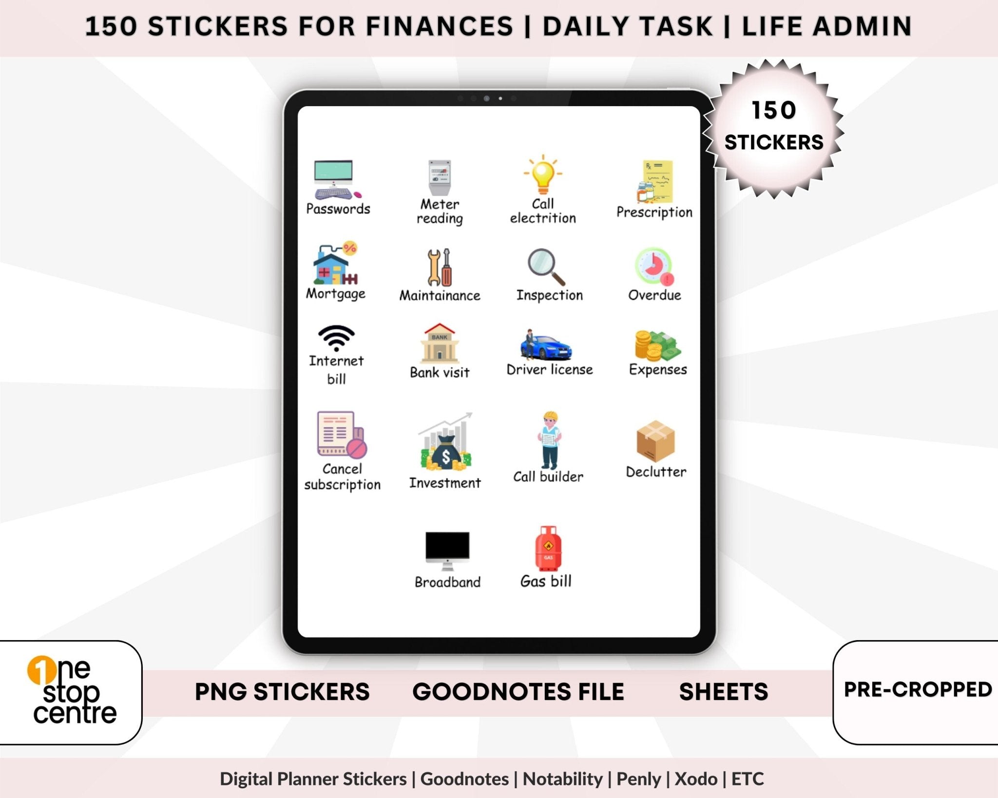 pre cropped Life admin digital planner stickers for daily tasks and finances