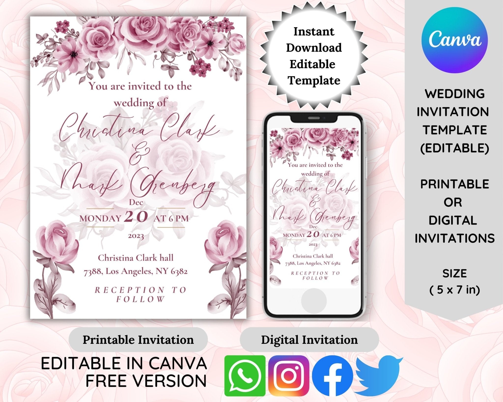 Editable pink roses wedding invitation template in Canva