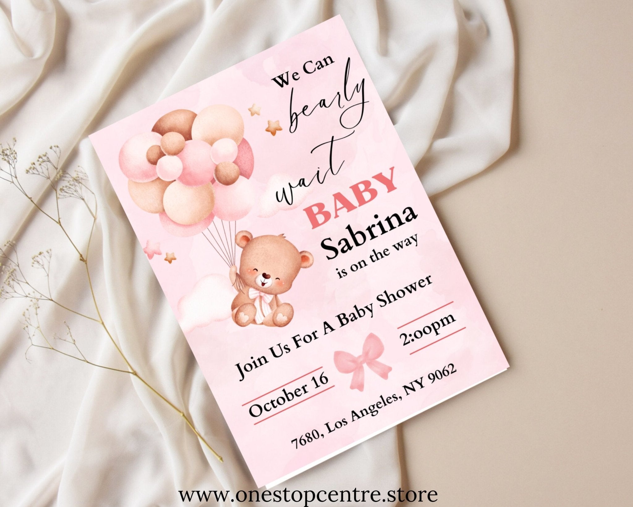 Girl baby shower invitation with balloons