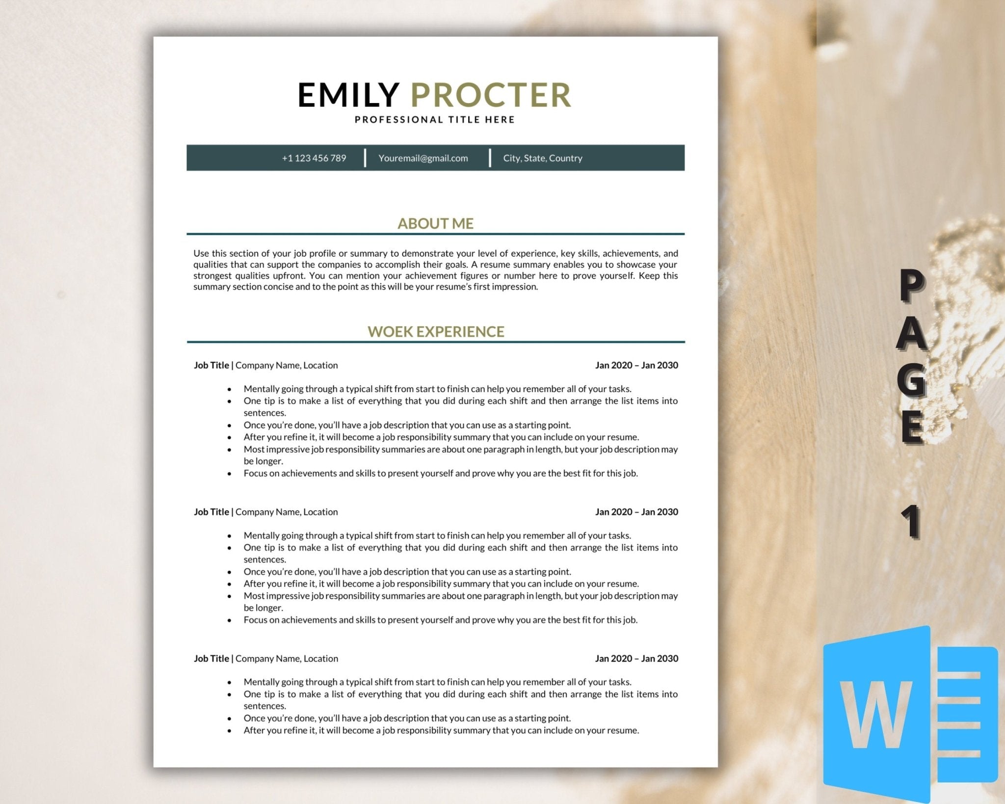 Professional Word resume design with matching 1-3 pages templates