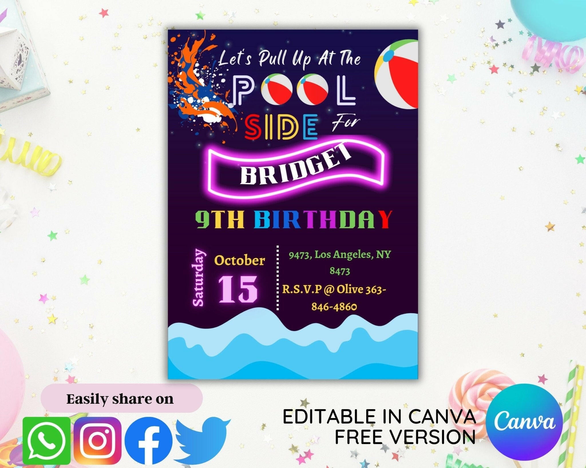 Editable Canva birthday invite – neon theme for children