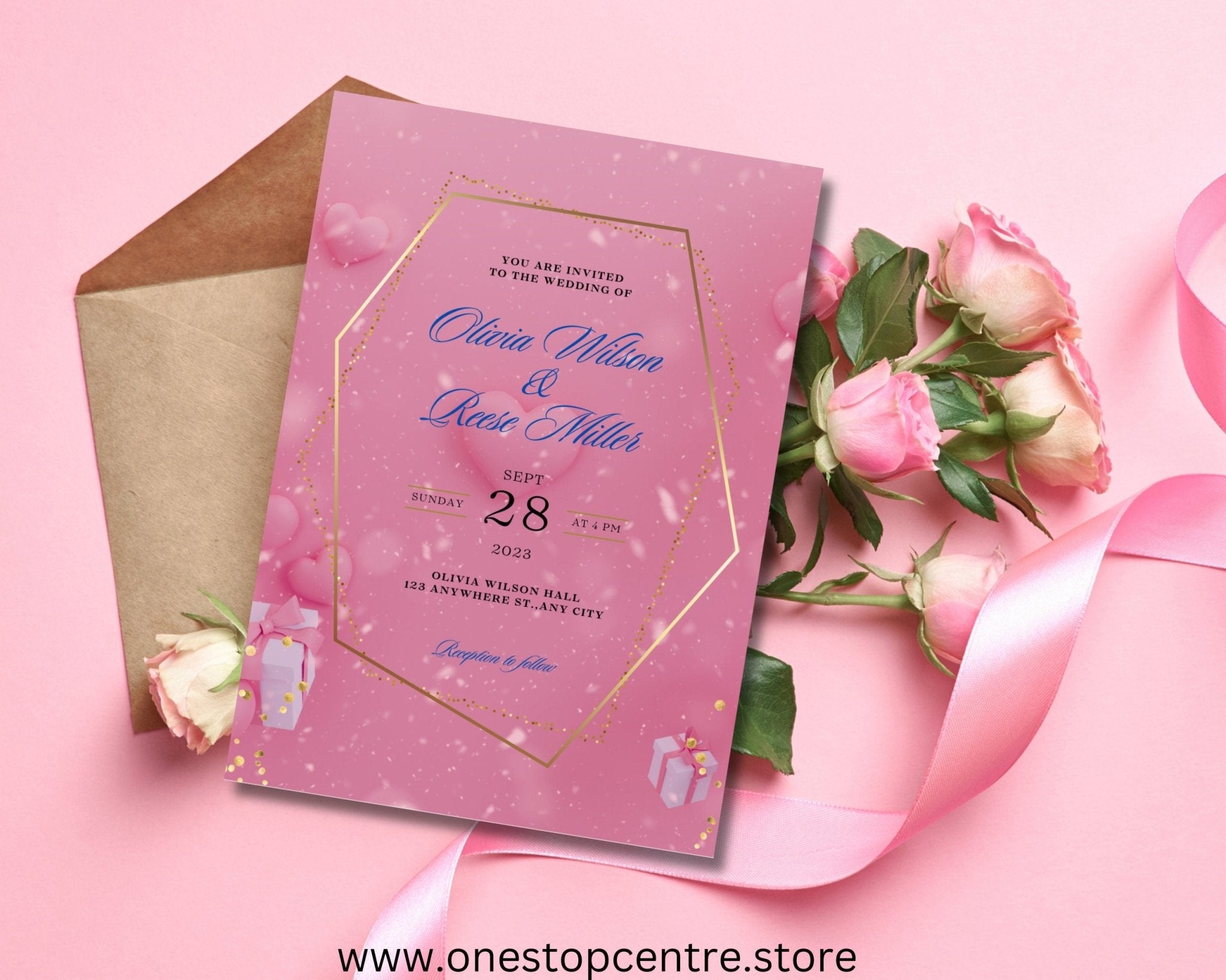 Customizable wedding invitation suite in blush pink tones