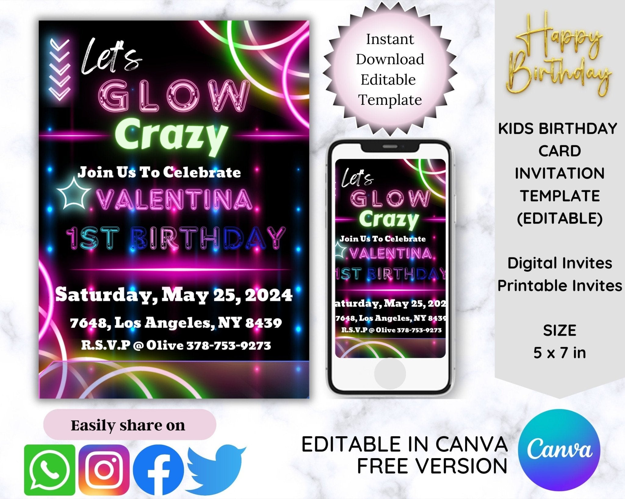 Editable neon glow crazy lights birthday invitation 5x7