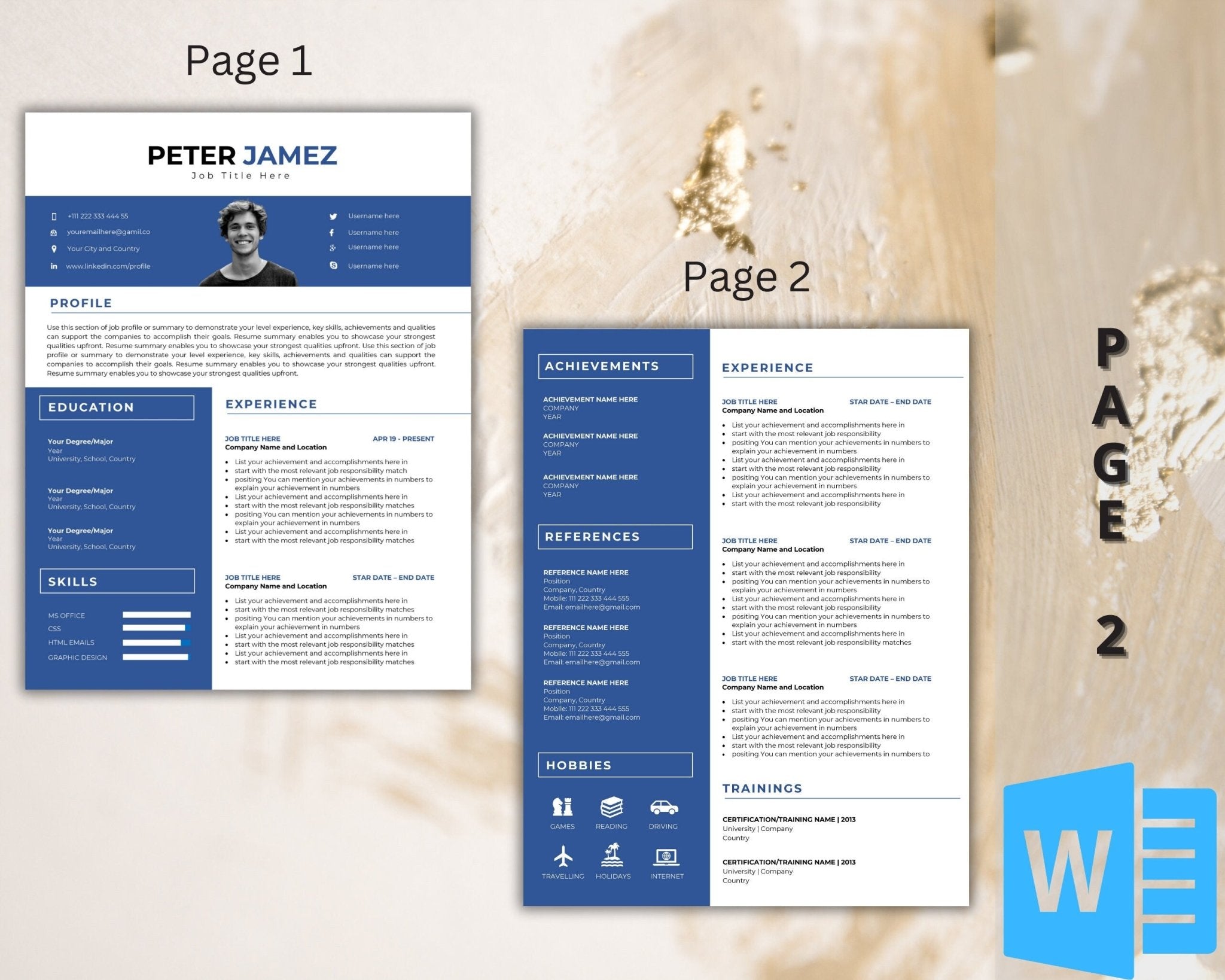 Editable 2-page CV layout featuring a modern design
