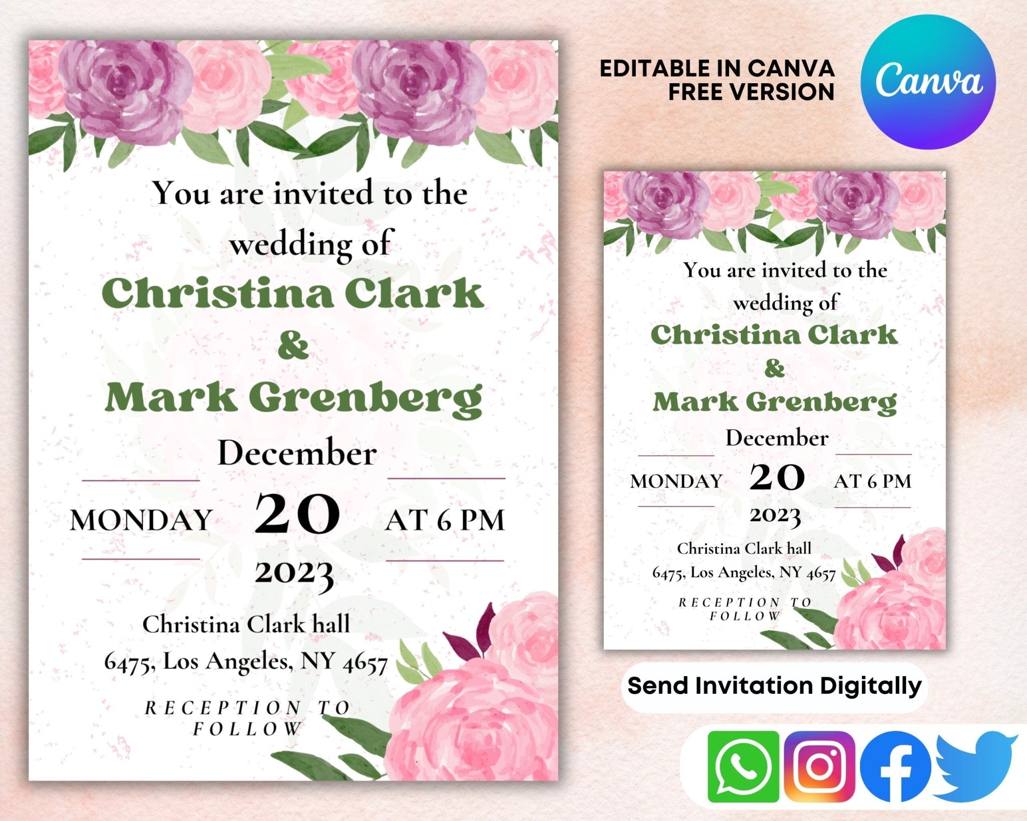 Elegant digital wedding invite with soft pink floral design