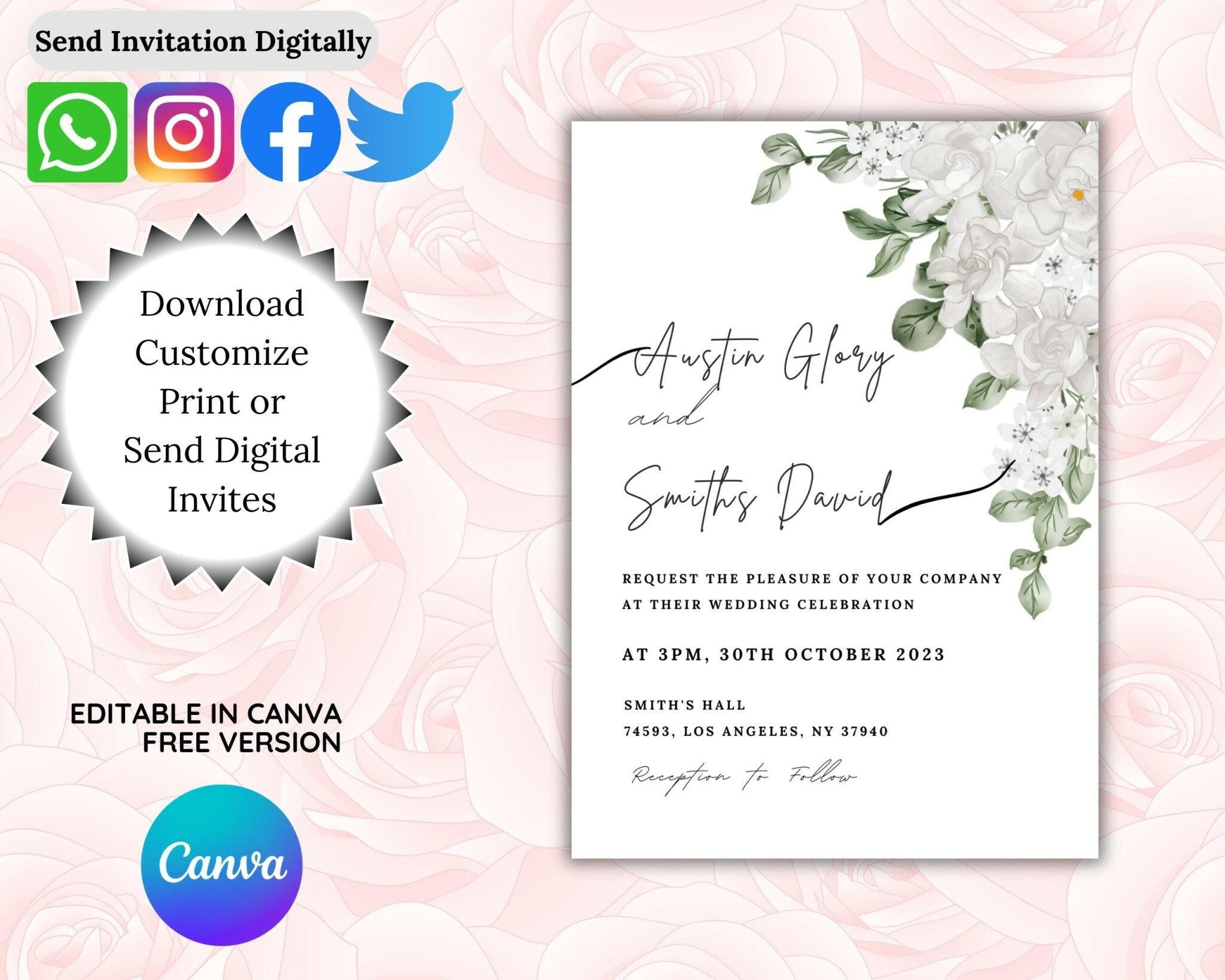 Printable wedding invitation template with soft green tones