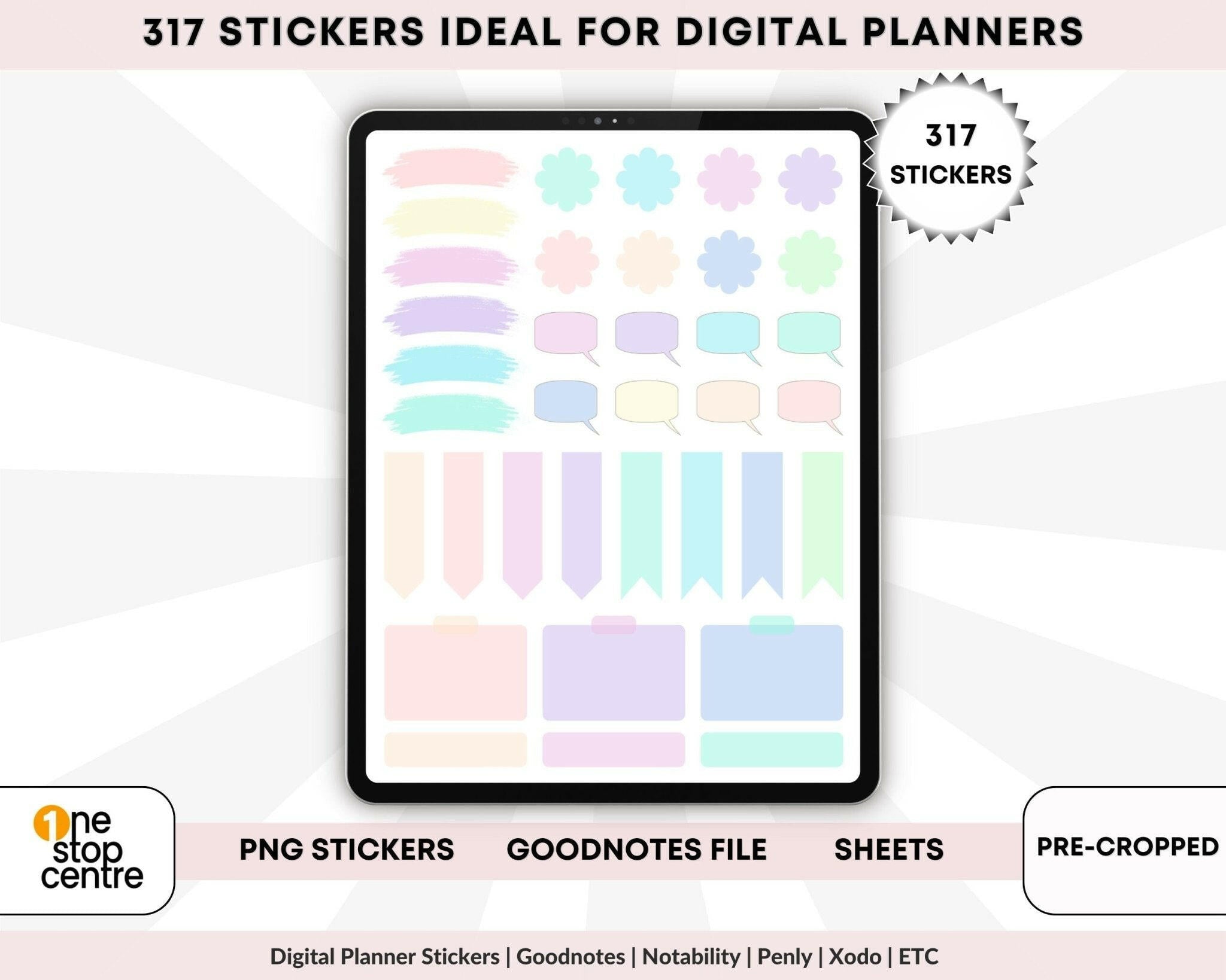 Digital planner stickers with pastel colors displayed on a tablet screen.