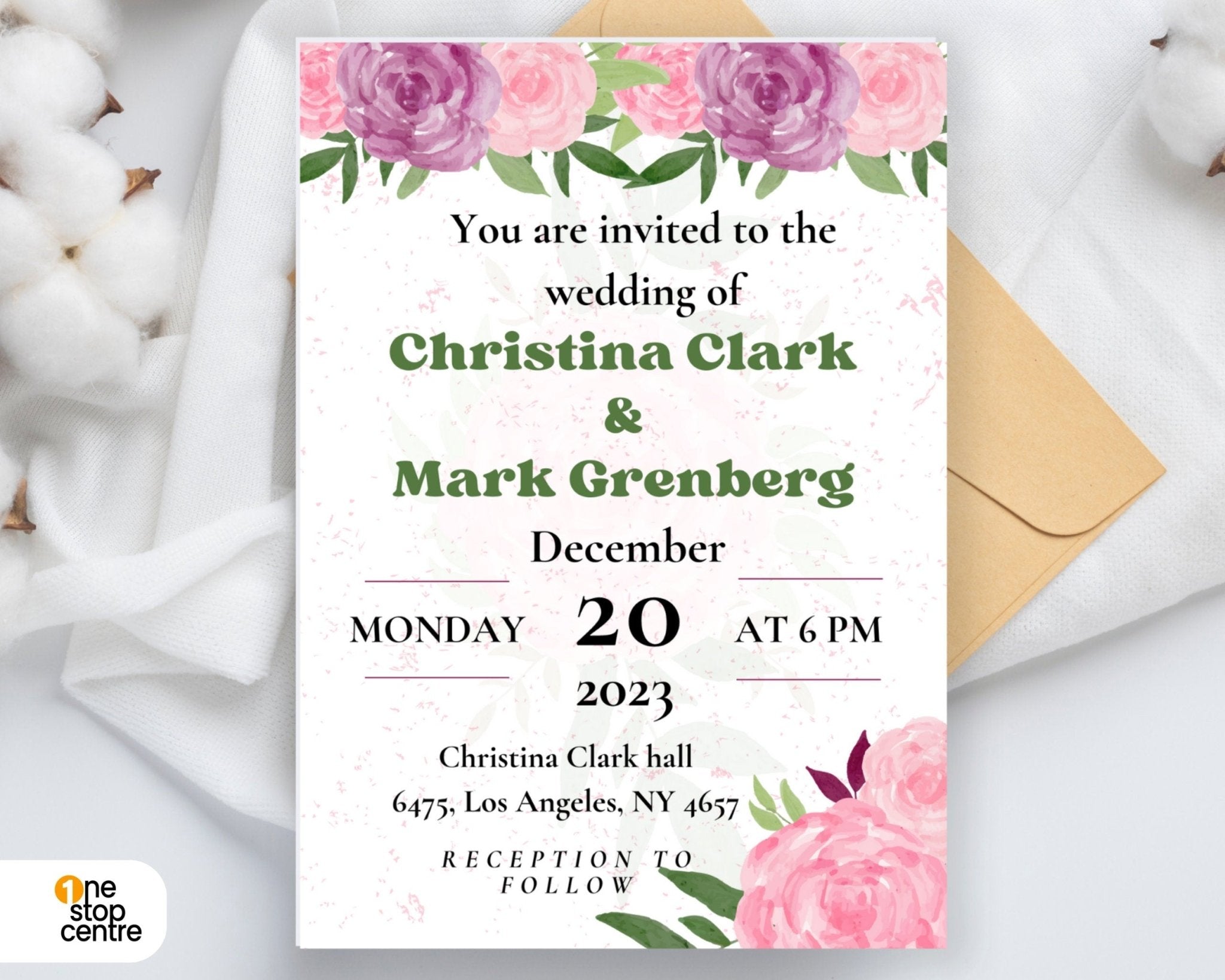 Mobile-friendly pink floral wedding invitation design.