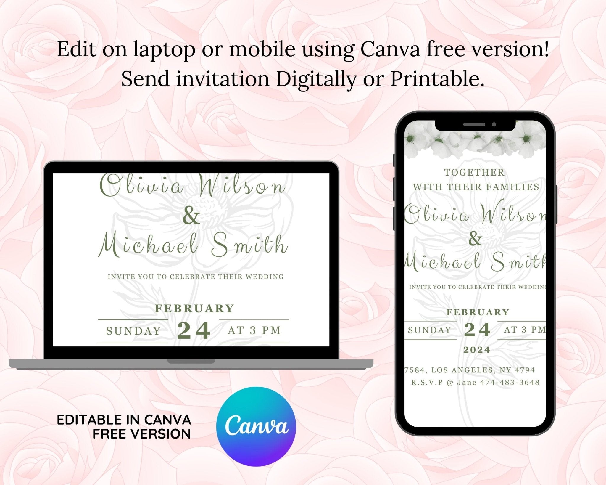 Digital or printable wedding invitation with minimalist layout
