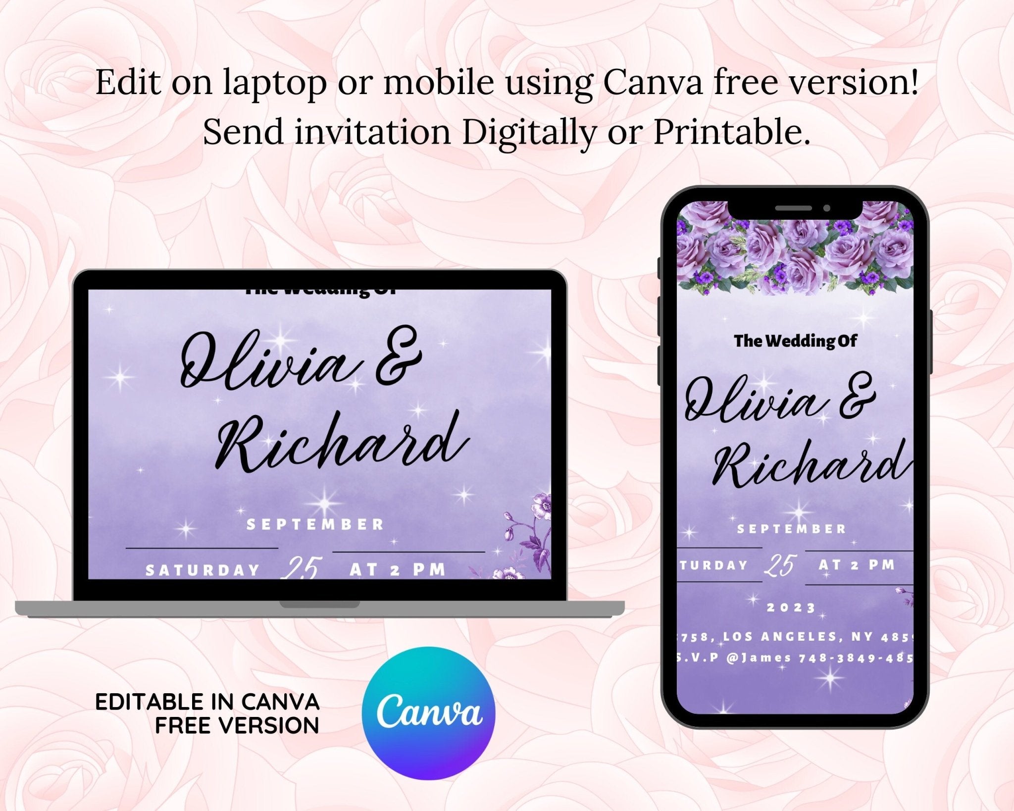 Digital wedding invitation featuring purple floral design