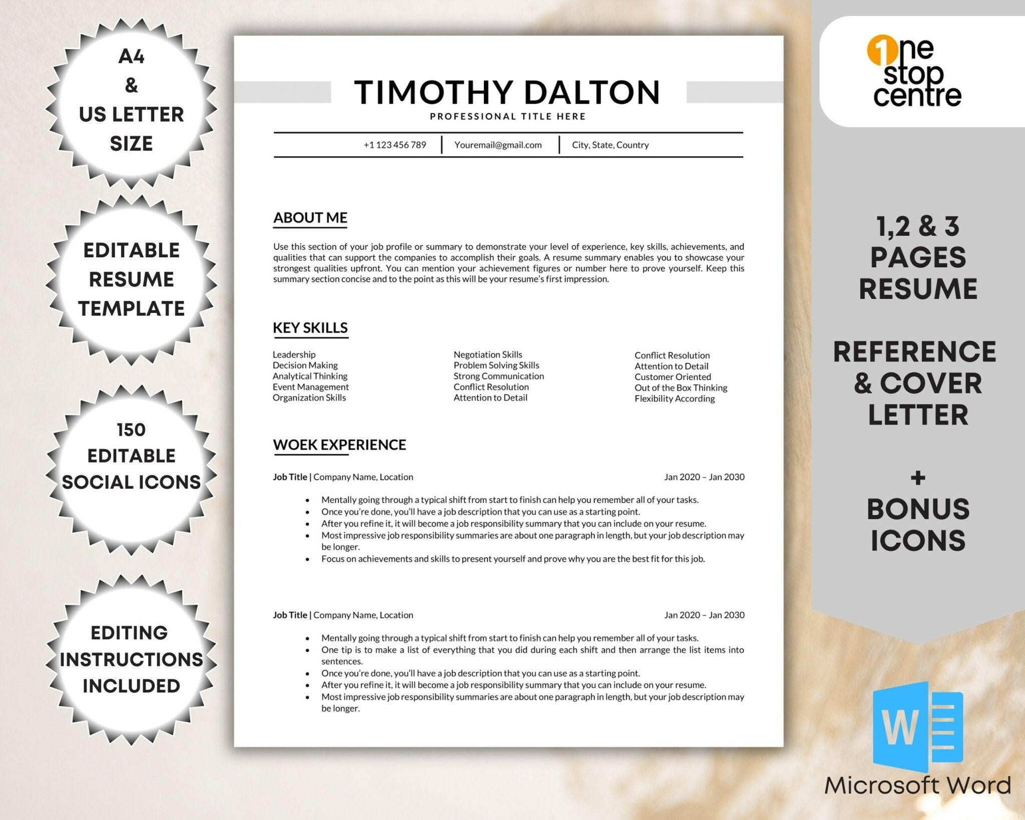 A professional minimal resume template for Word with 3 pages including a cover letter, reference
