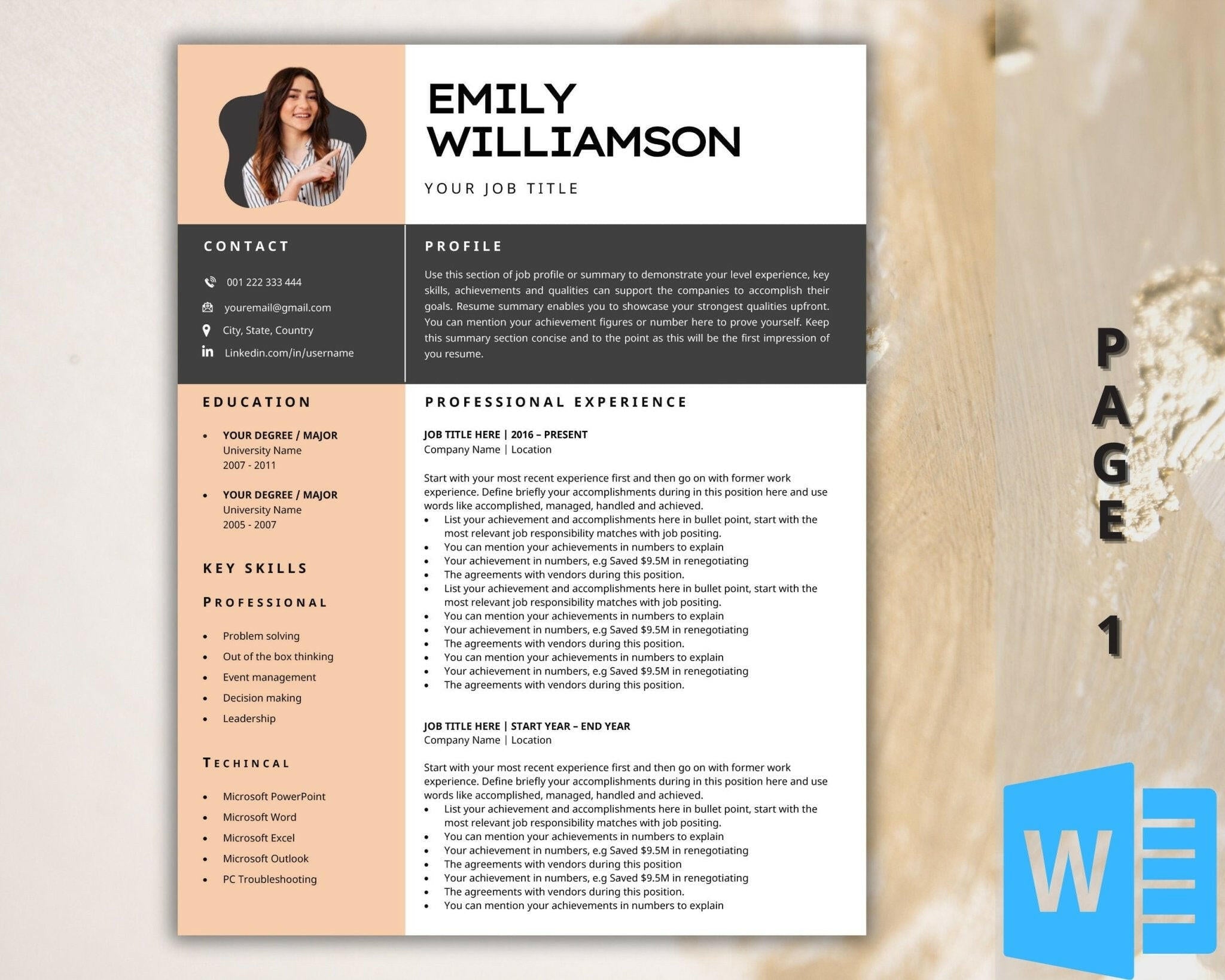 Editable 3-page resume in Microsoft Word