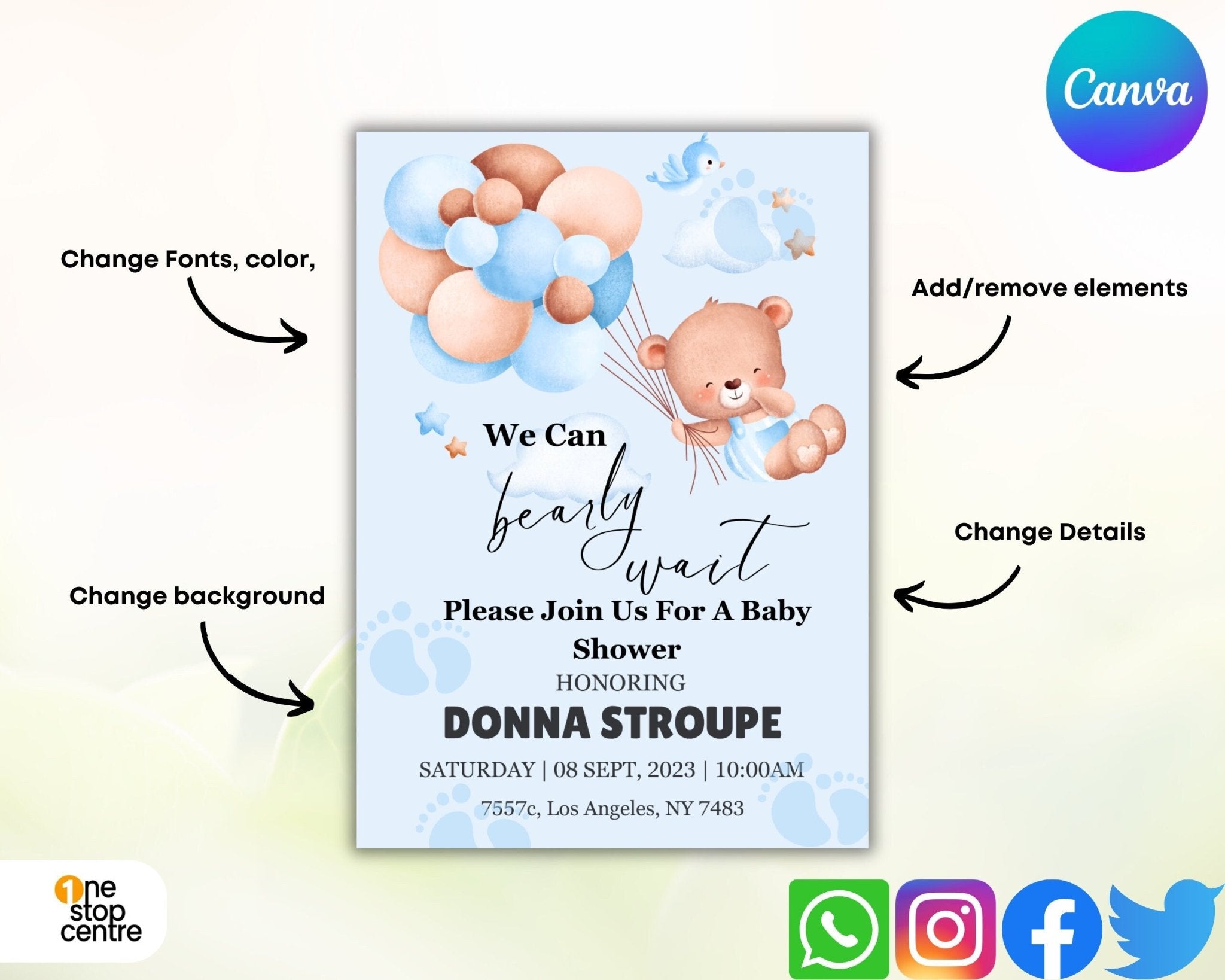 Baby shower invite with teddy footprints and pastel elements