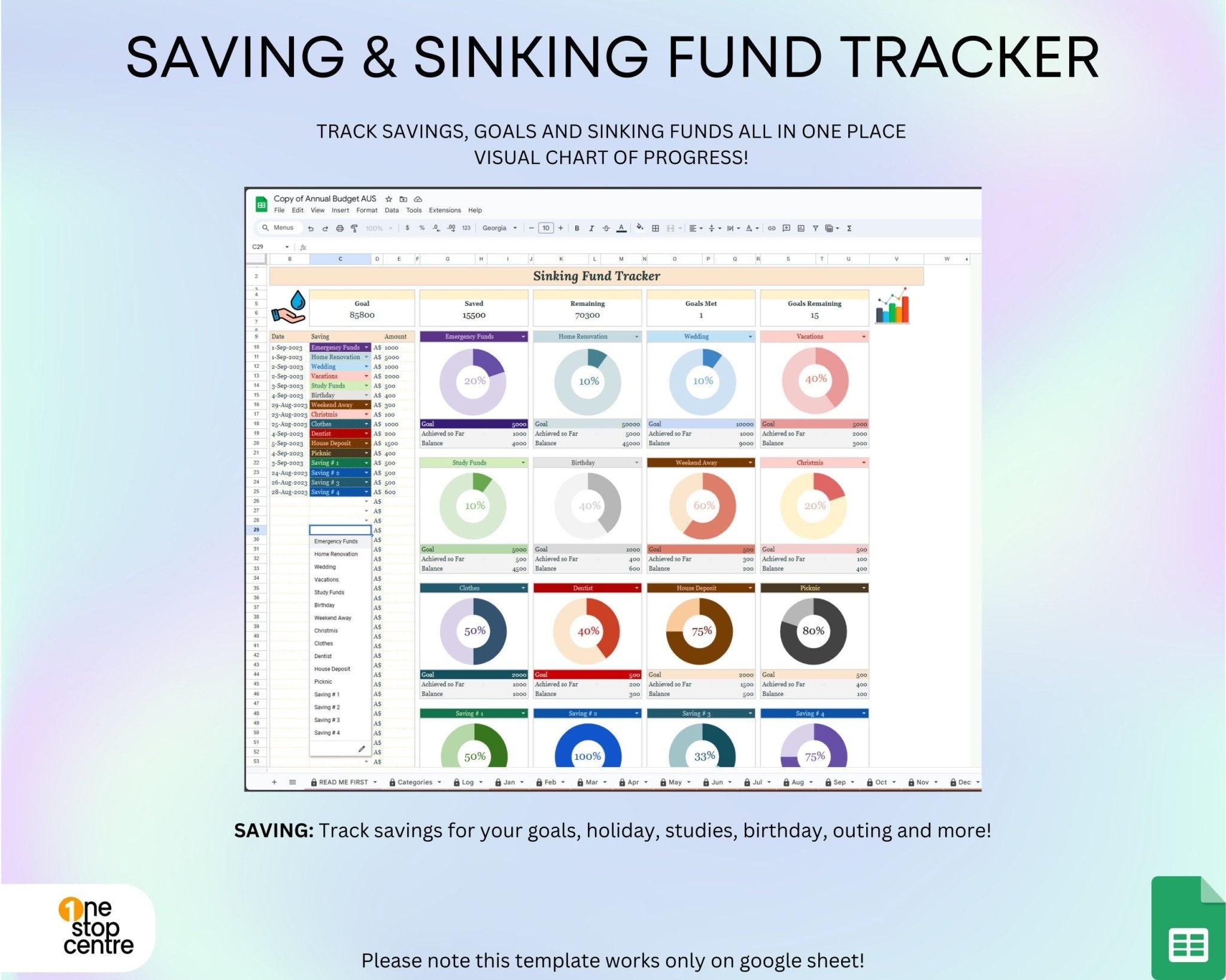 Google Sheets interface showing editable tabs sinking funds