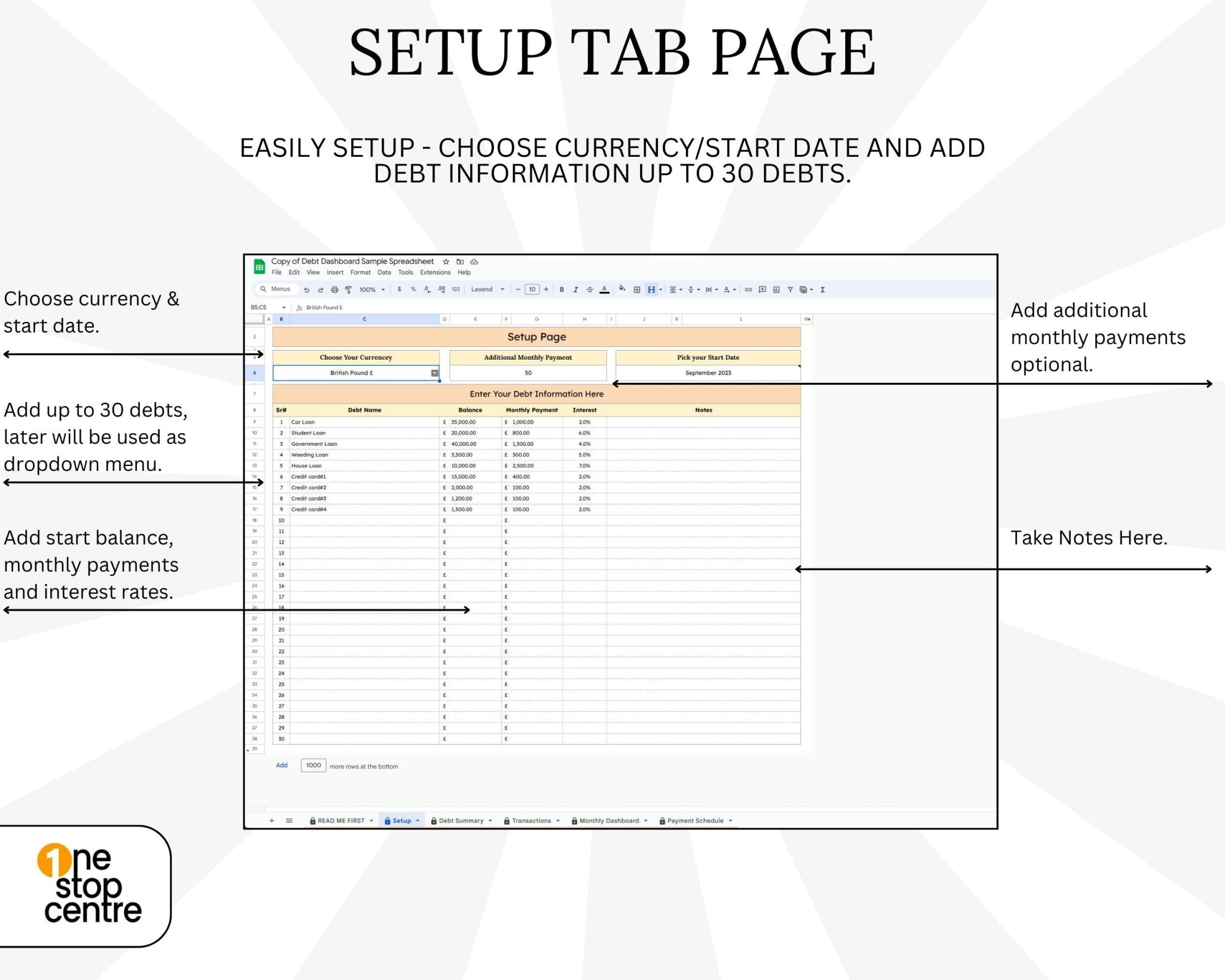 Clean financial planning setup tab for Google Sheets