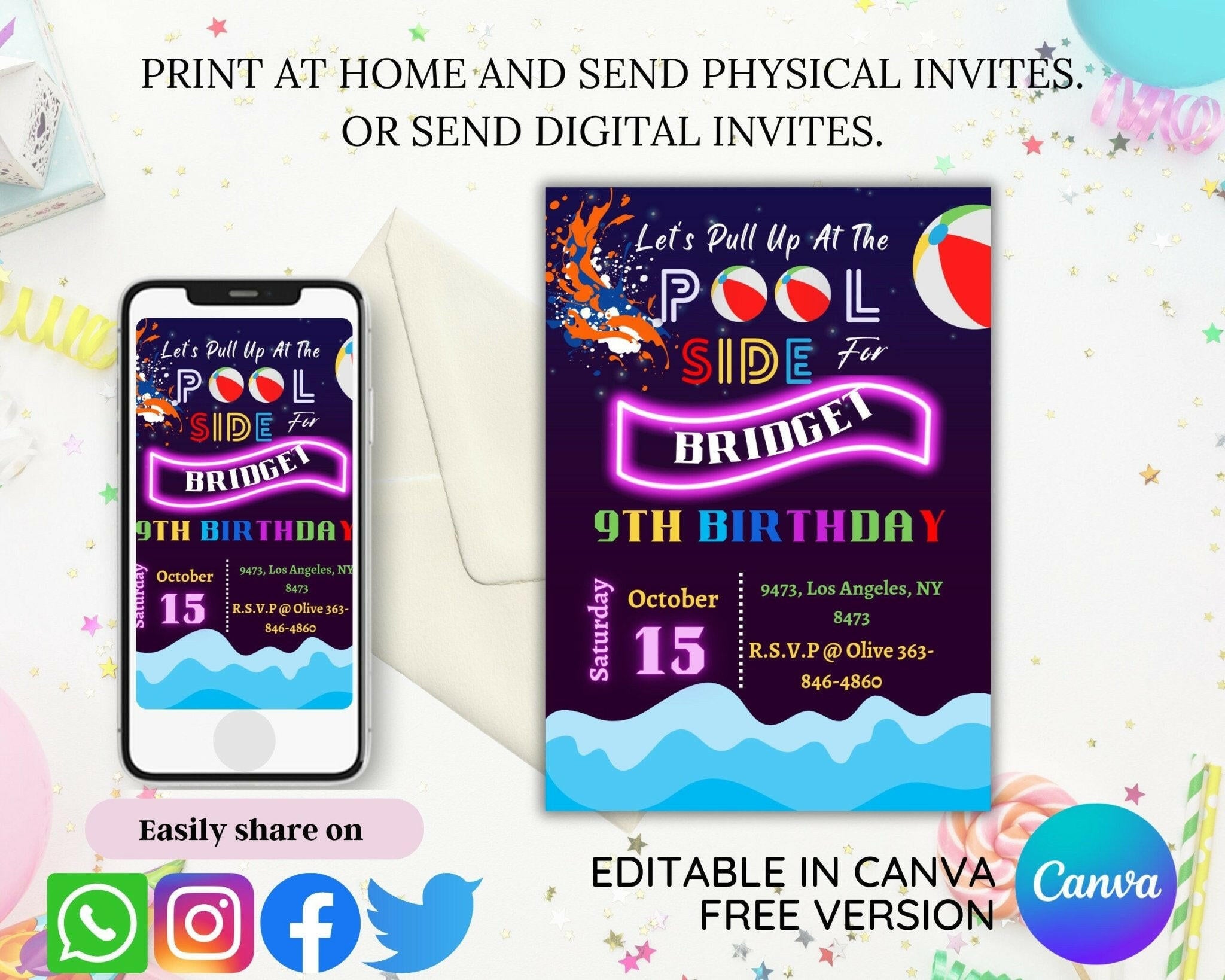Preview of Canva neon invitation on desktop and mobile