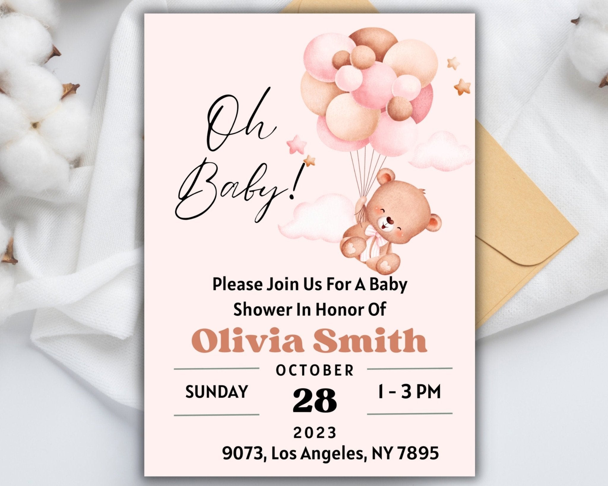 Girl’s baby shower invitation with pink teddy bear design