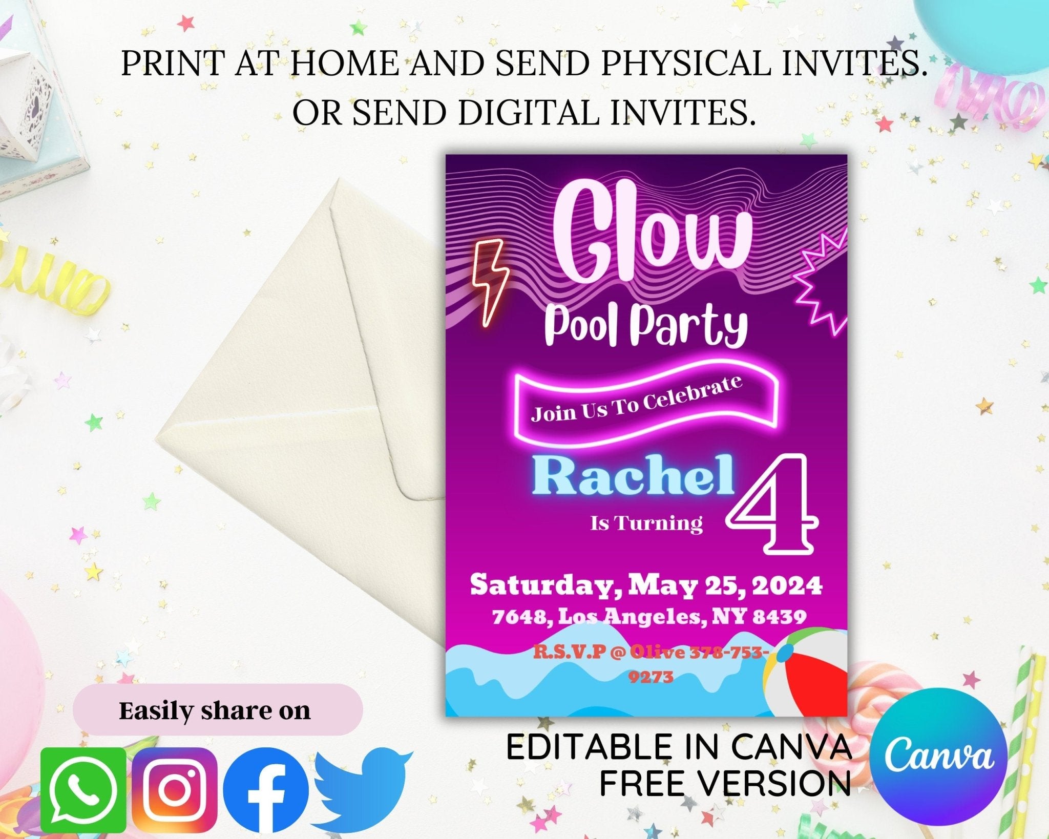 Printable 5x7 kids party invite in purple neon design