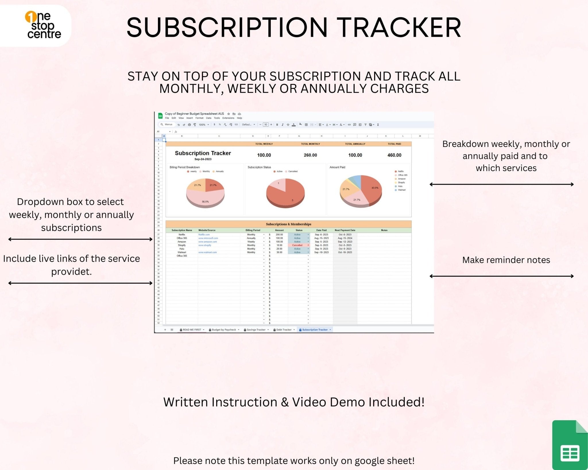 Subscription tracker overview Google Sheets monthly budget planner spreadsheet