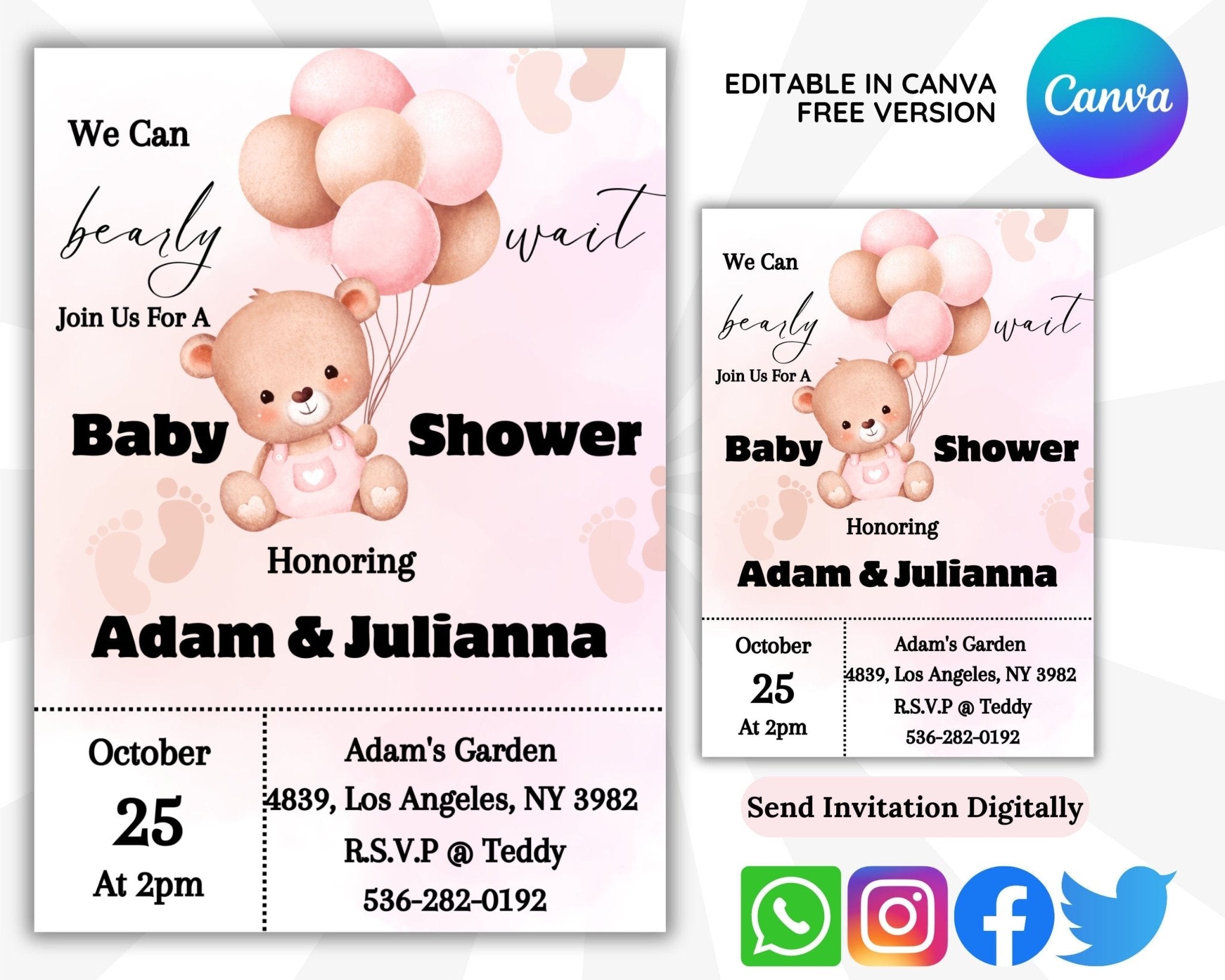 Editable pink bear baby shower invite