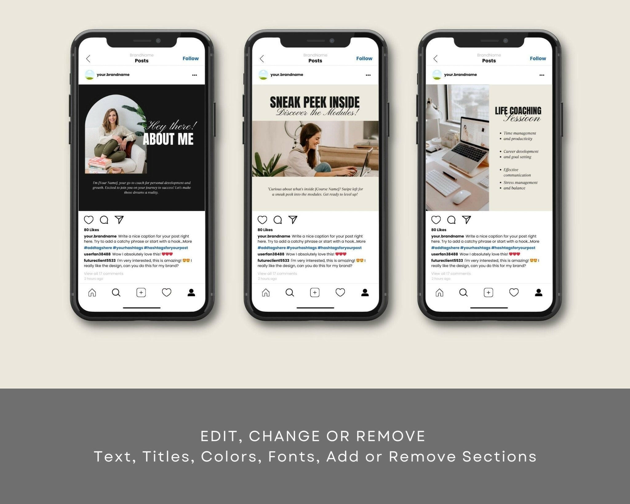 Three smartphone screens displaying Life coaching Instagram post grid with neutral branding