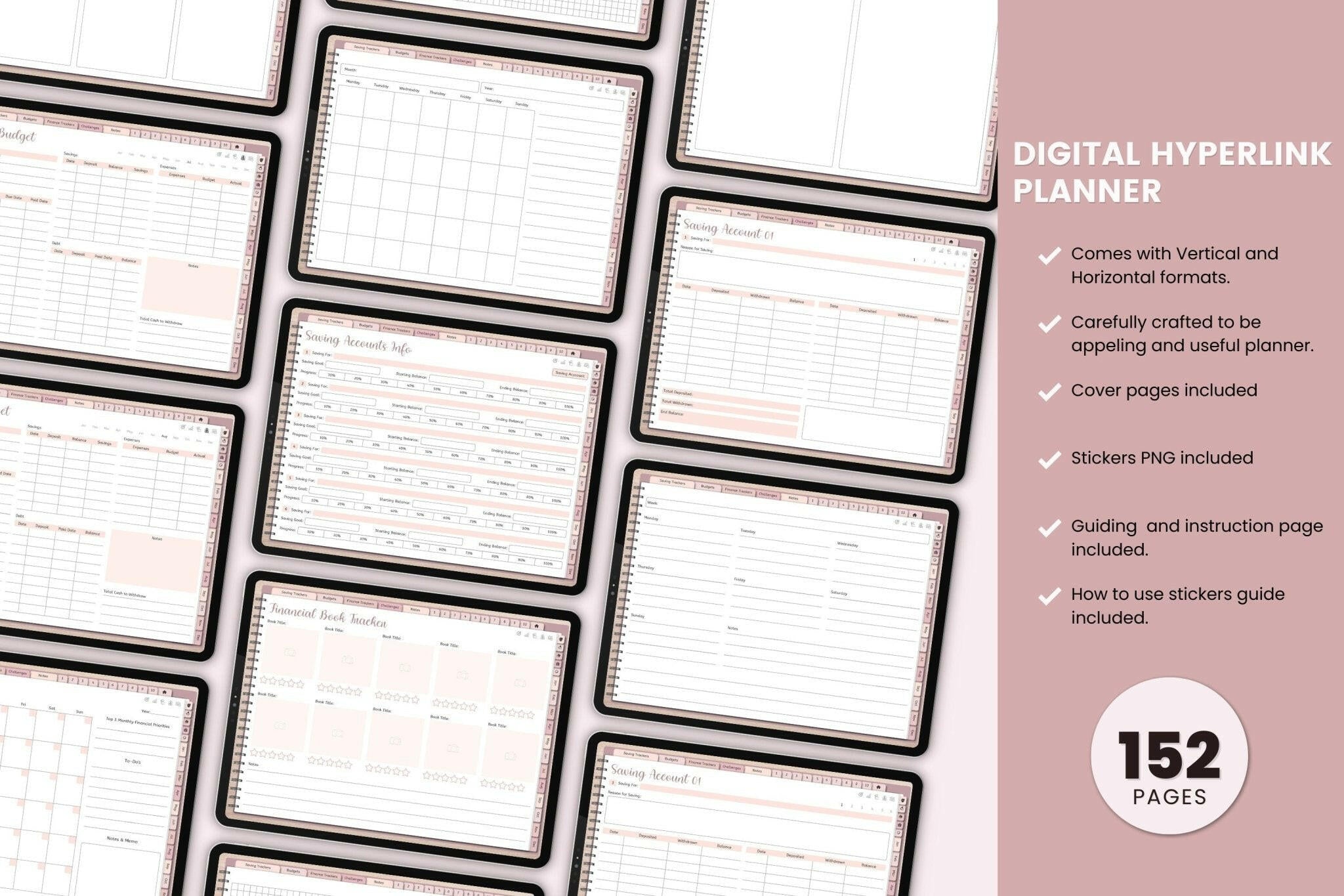 "Bundle contents: planner, digital stickers, covers, and notebooks"