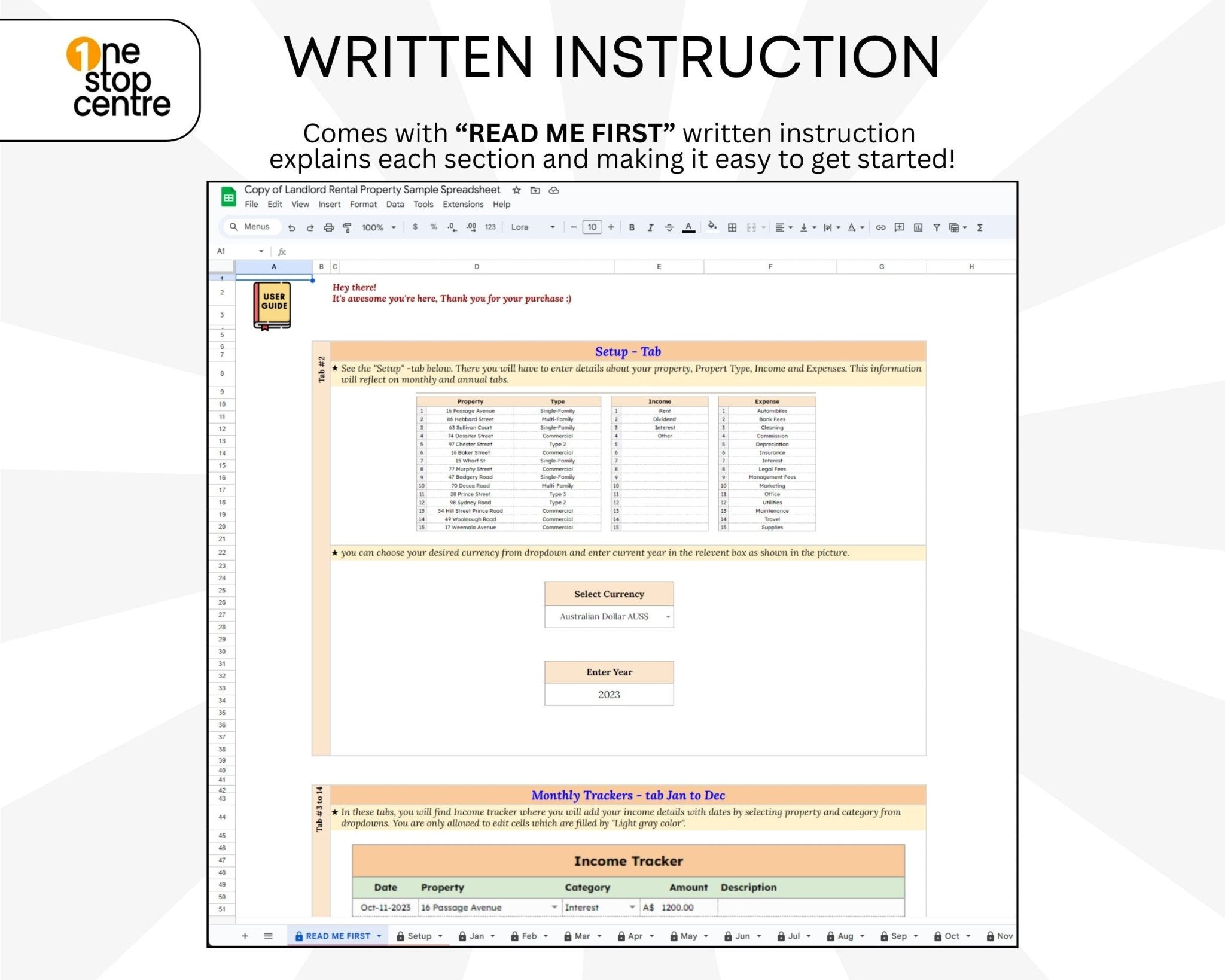 Written instruction on using Property management spreadsheet with financial summary