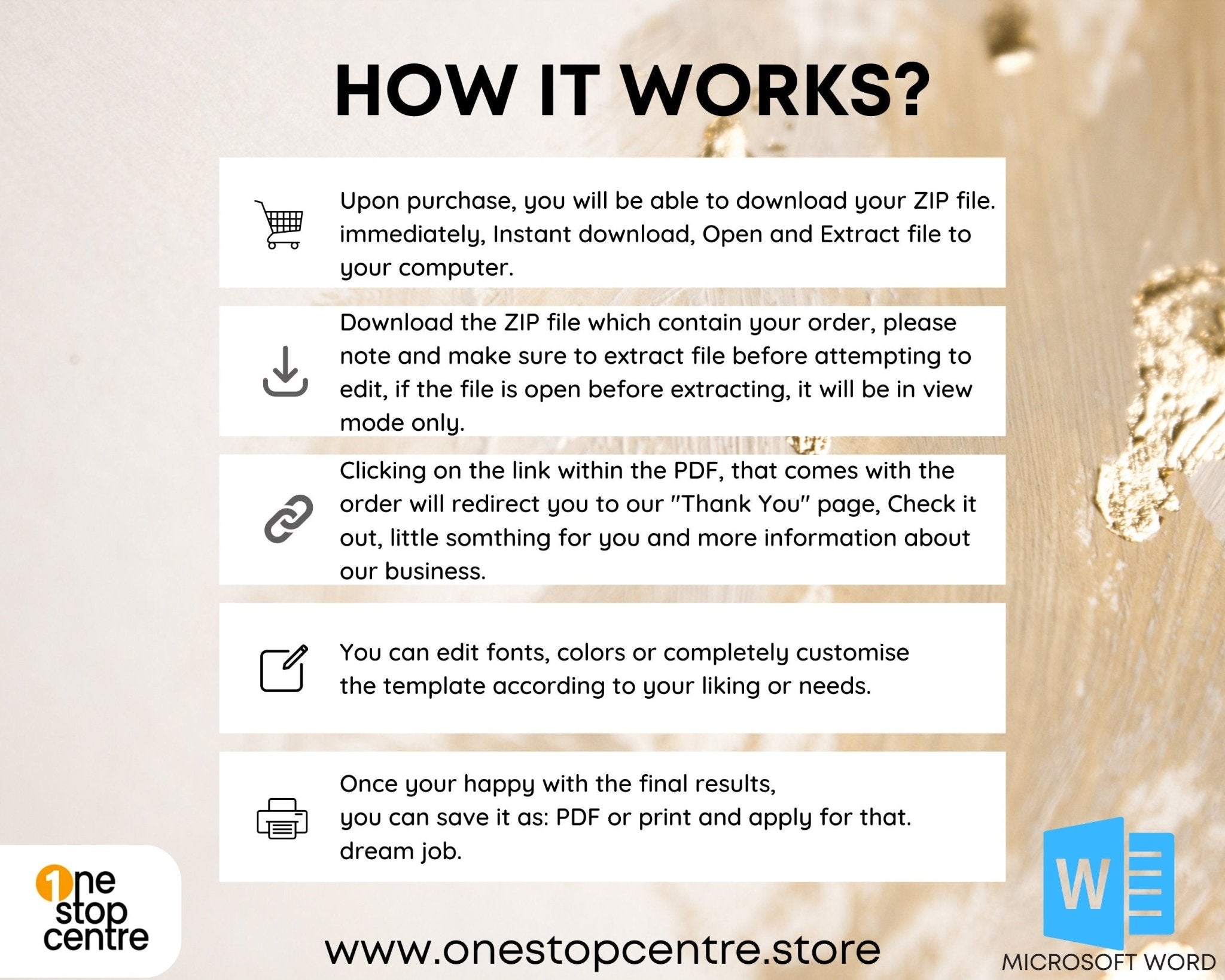 how it works, upon purchase to downloading the files and instruction on editing the resume template