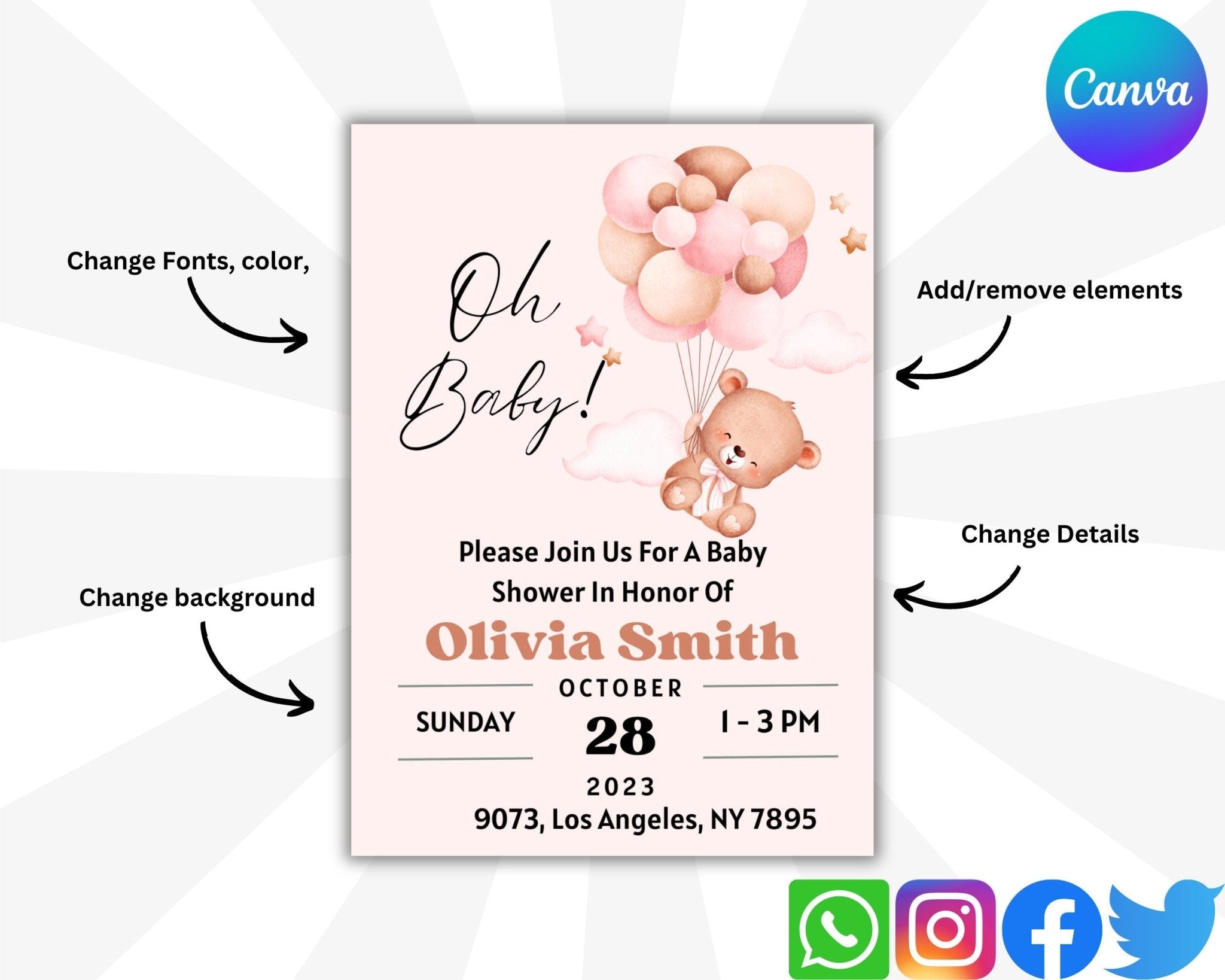 Pink teddy bear balloons invitation card for baby shower