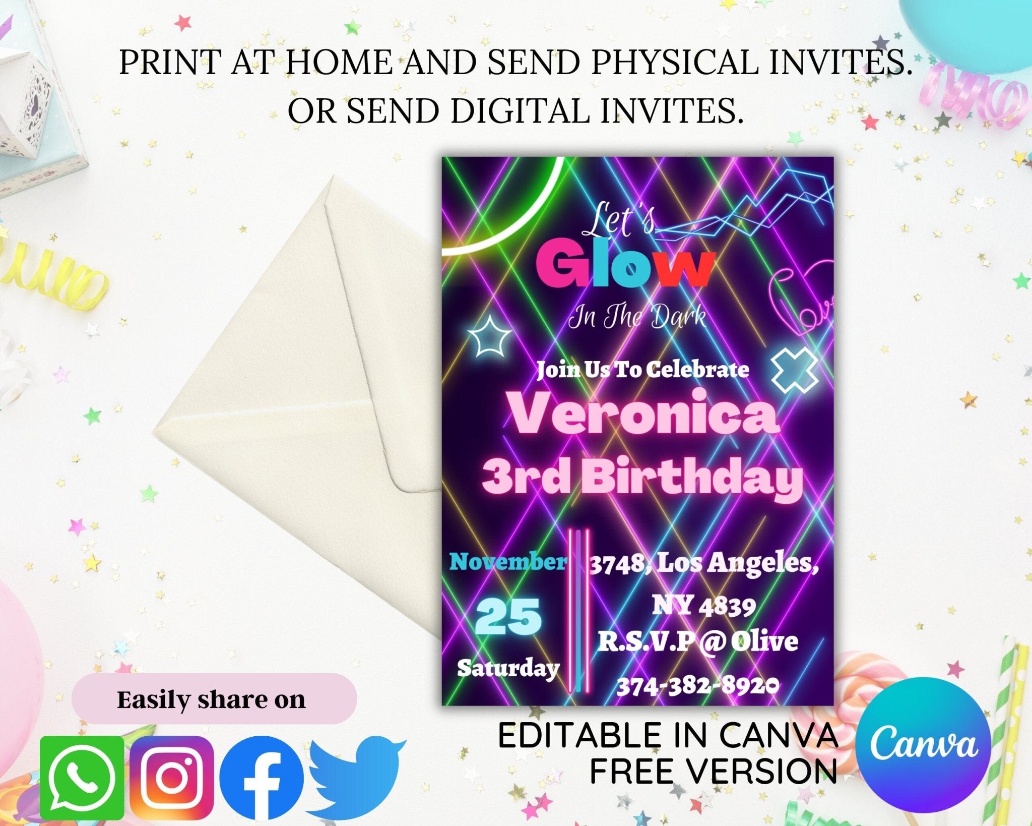 Neon glowing printable party invitation for children