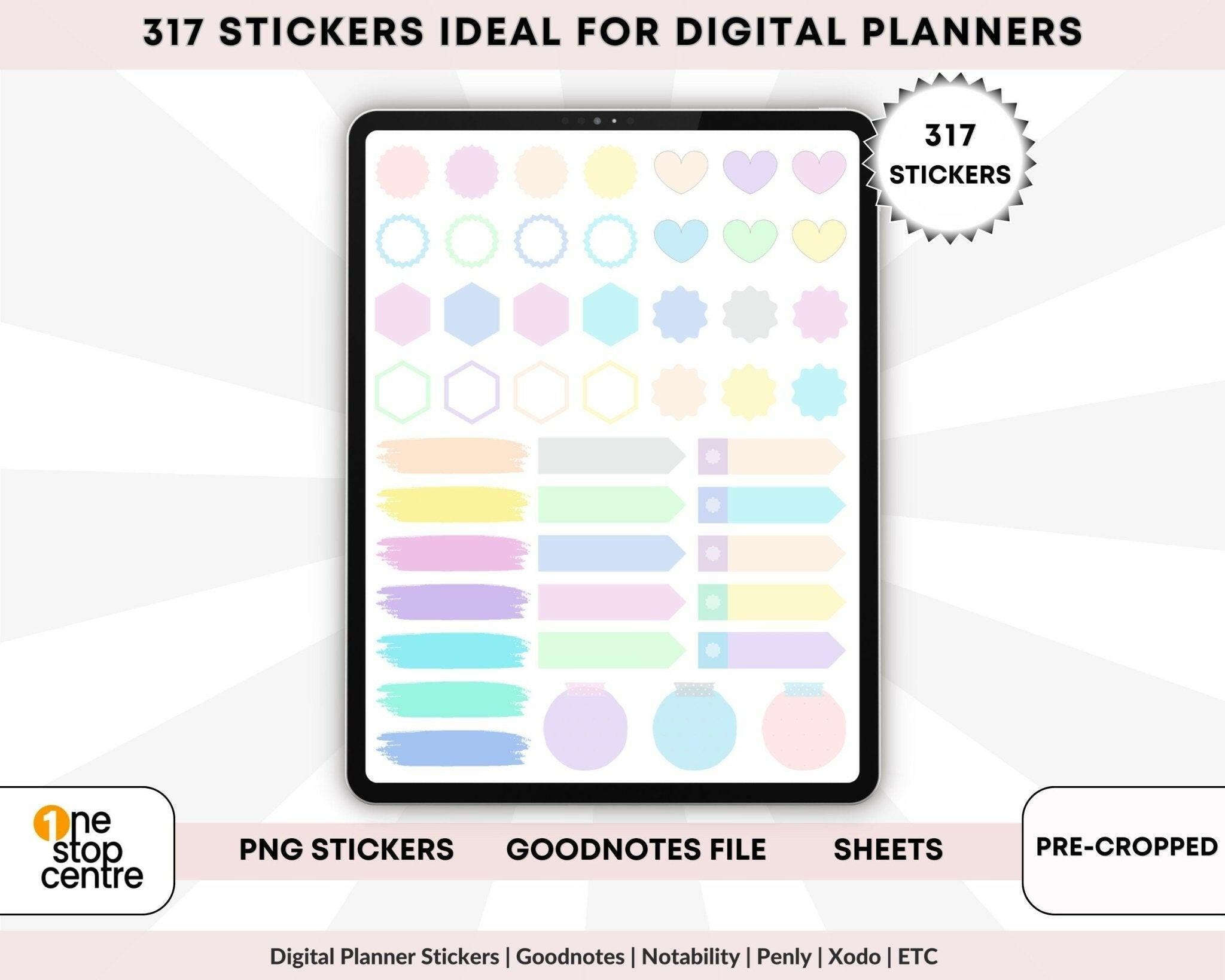 Digital planner stickers with pastel colors on a tablet screen, with branding and product details.