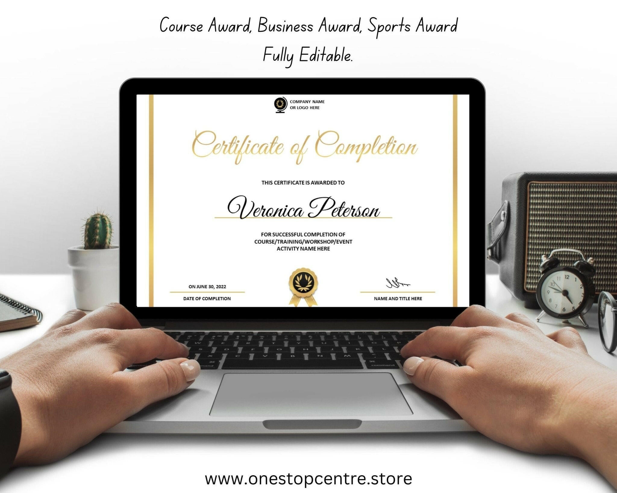 showcasing how Editable white and gold certificate template in MS Word and PowerPoint