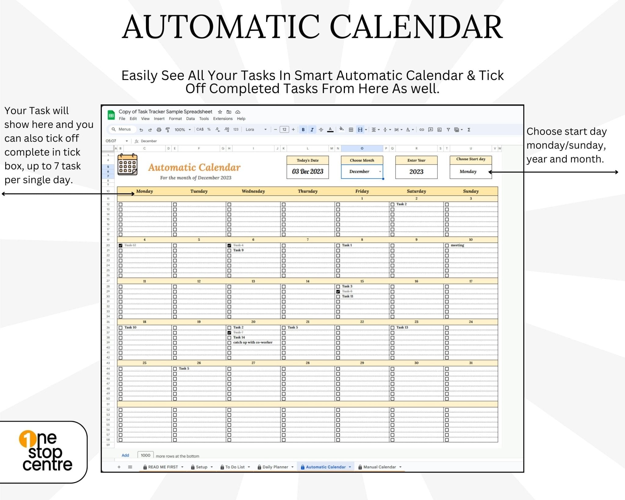 Automatic calendar dashboard task management spreadsheet template.