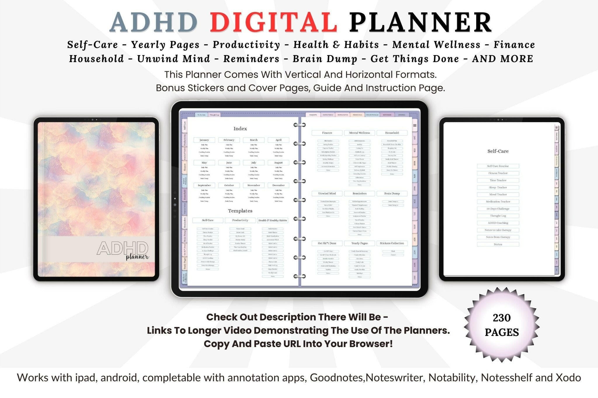 ADHD digital planner with sample pages on a white background