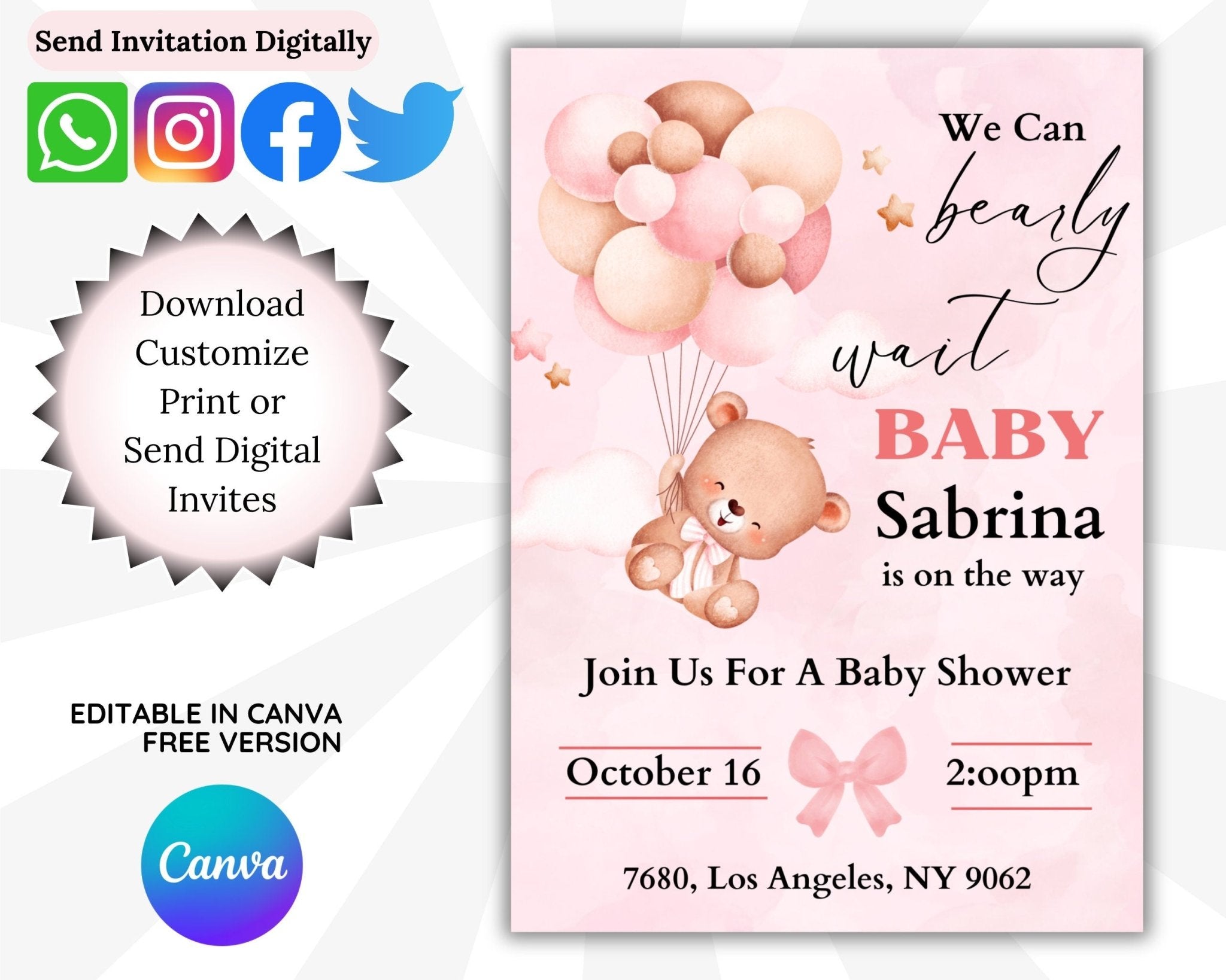 Digital girl baby shower invitation