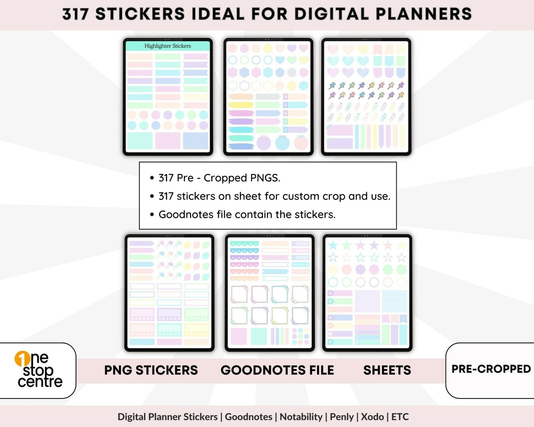 Digital planner stickers with various designs on a white background