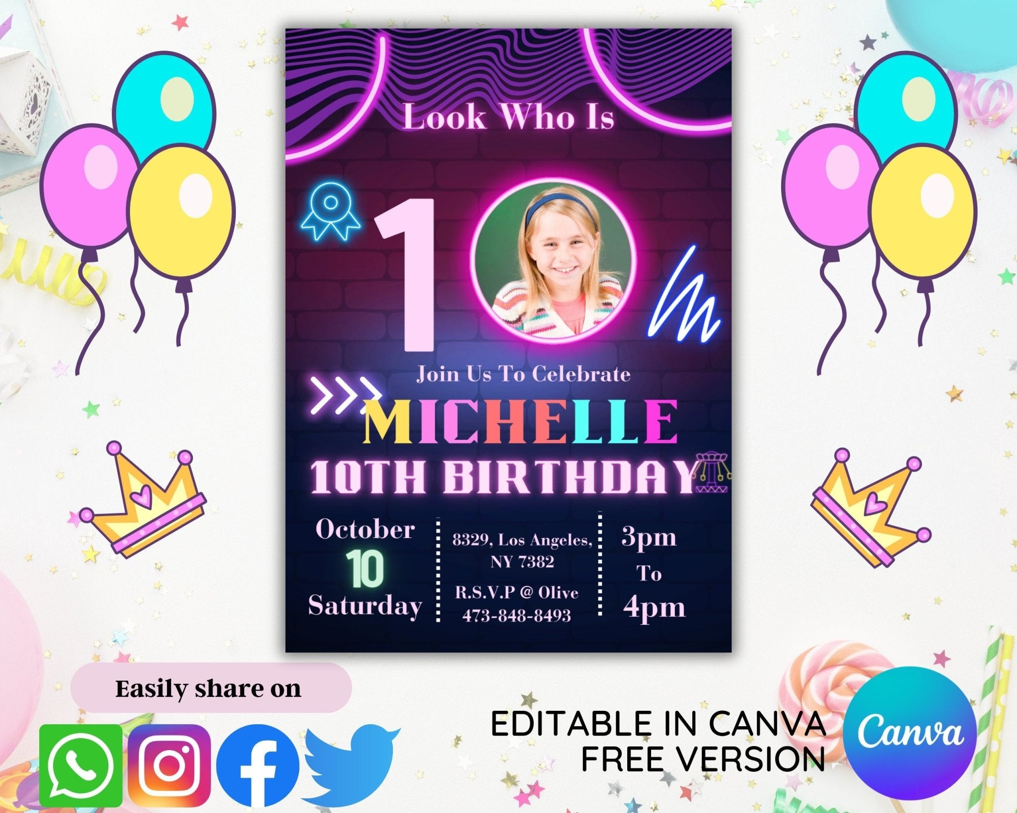 Glow party kids invitation card design with pink and blue neon text