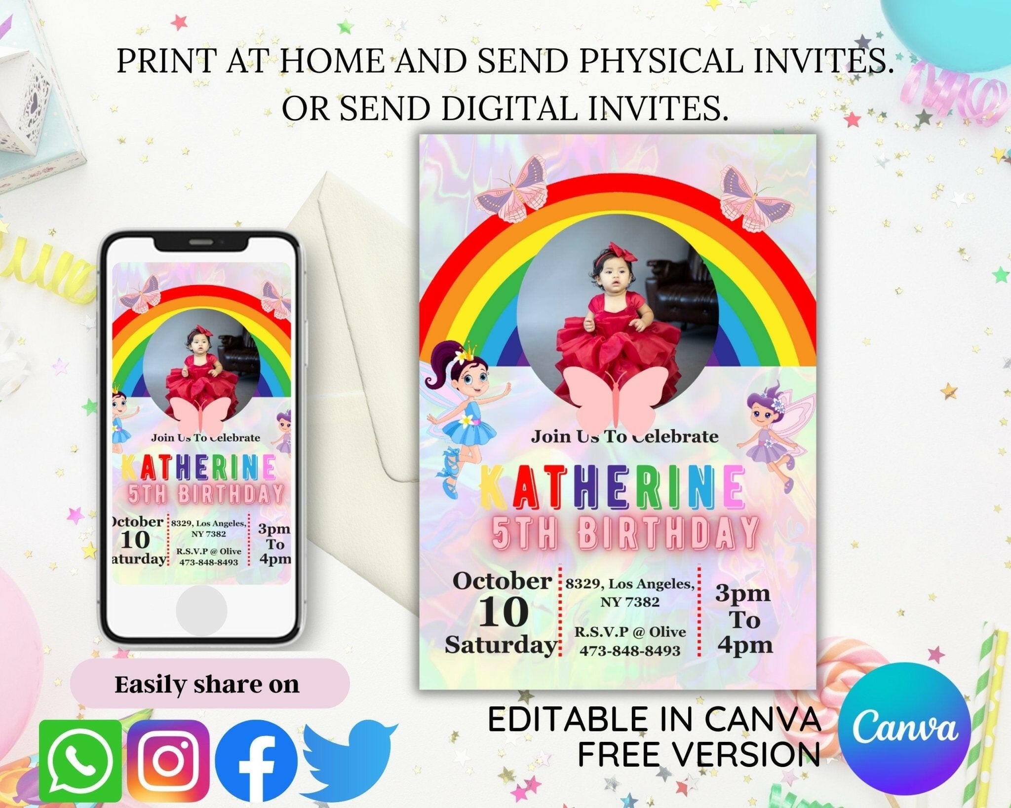 Editable birthday invitation shown on a phone screen
