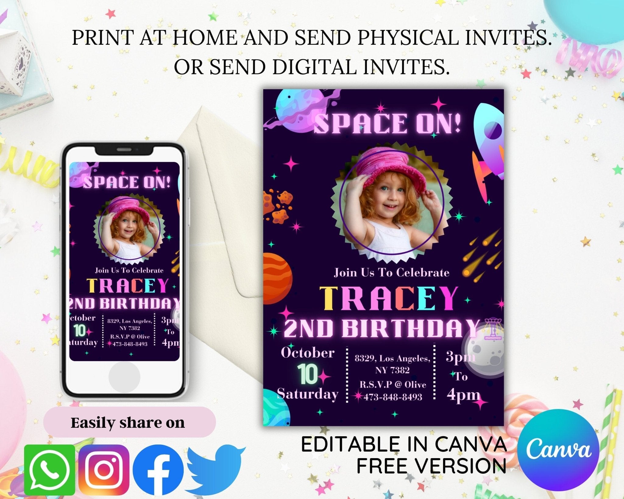 5x7 birthday card with stars, planets, and photo slot