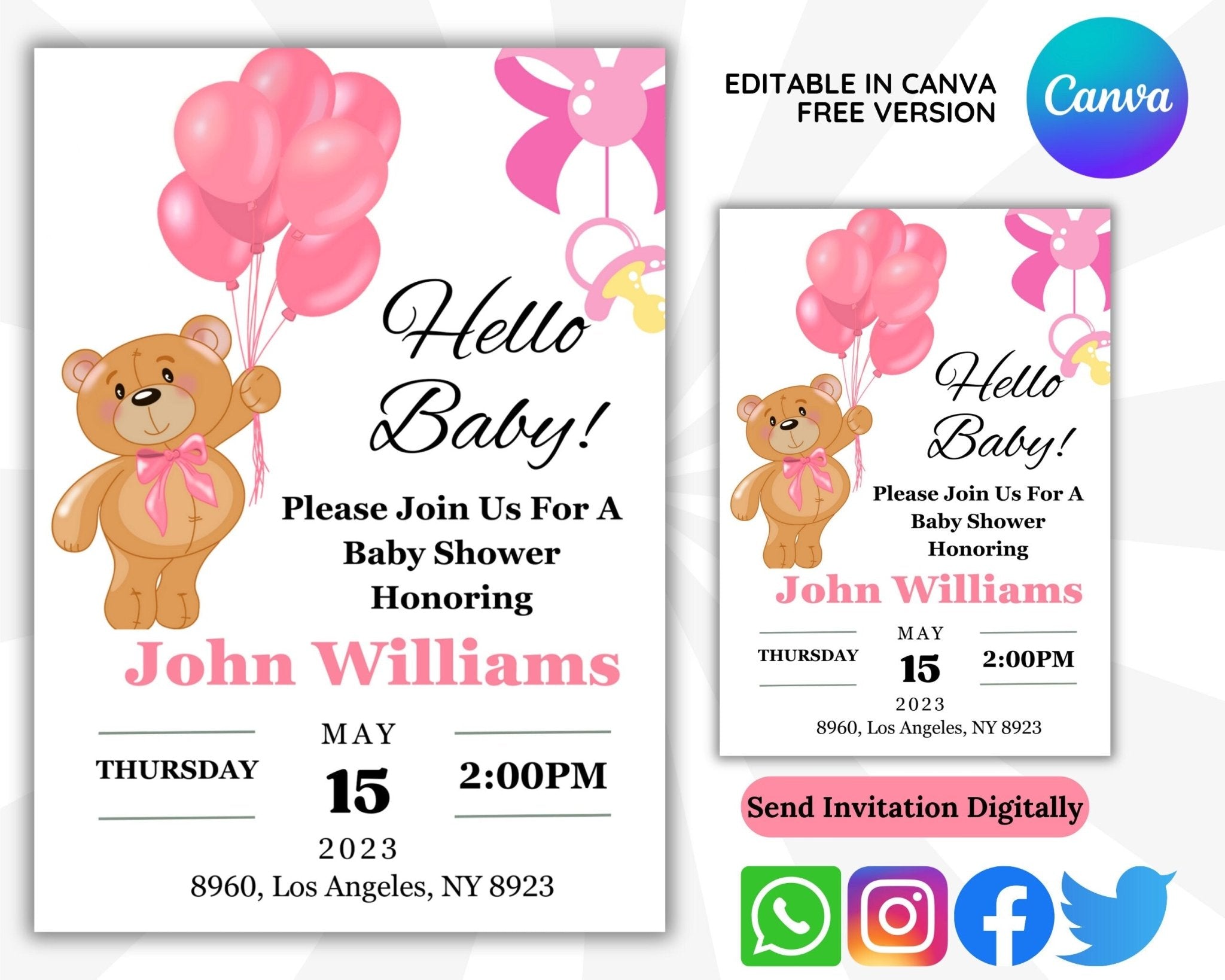 Editable baby shower invitation for girls with teddy bear
