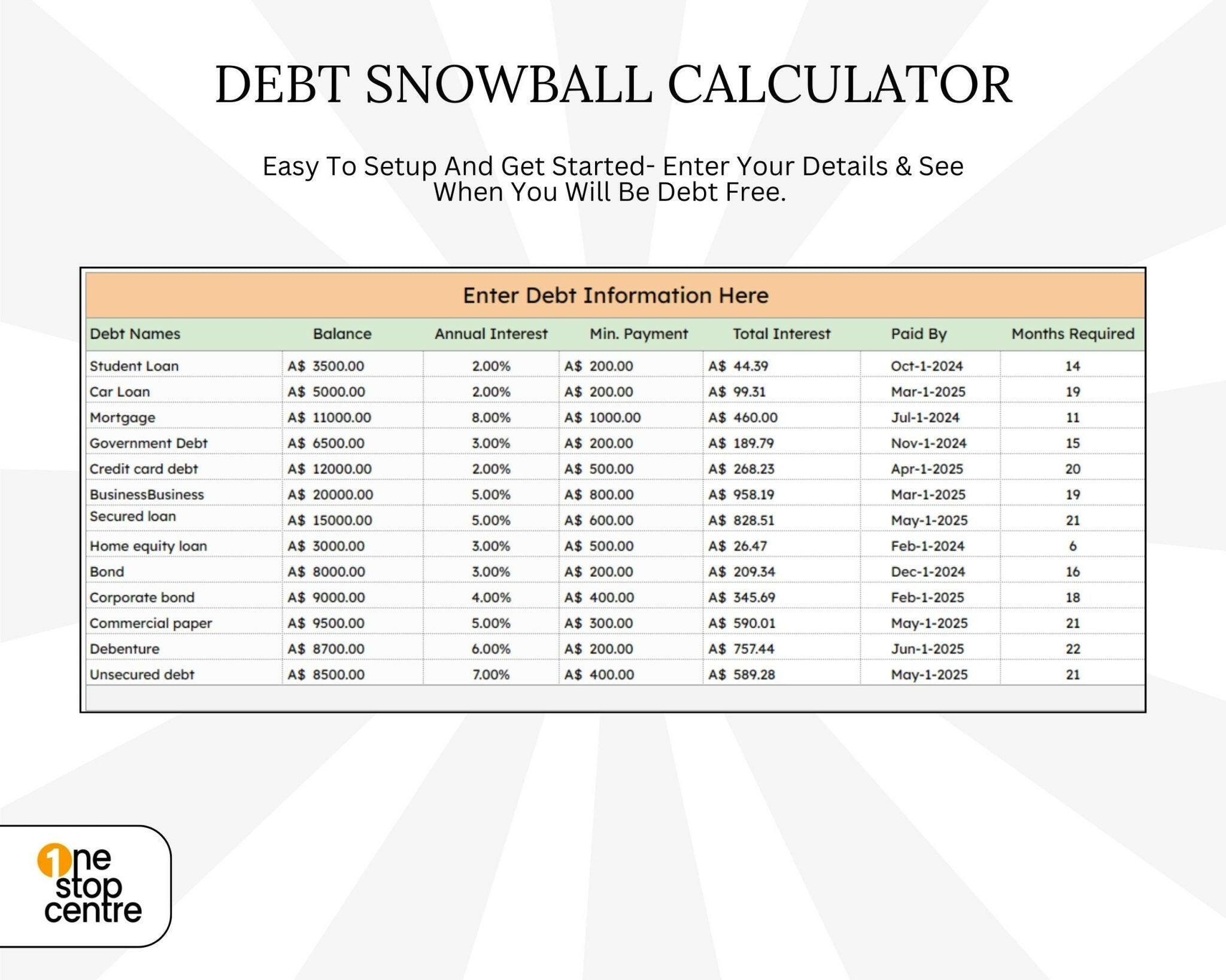 Sample spreadsheet showing mock data for 13 debts