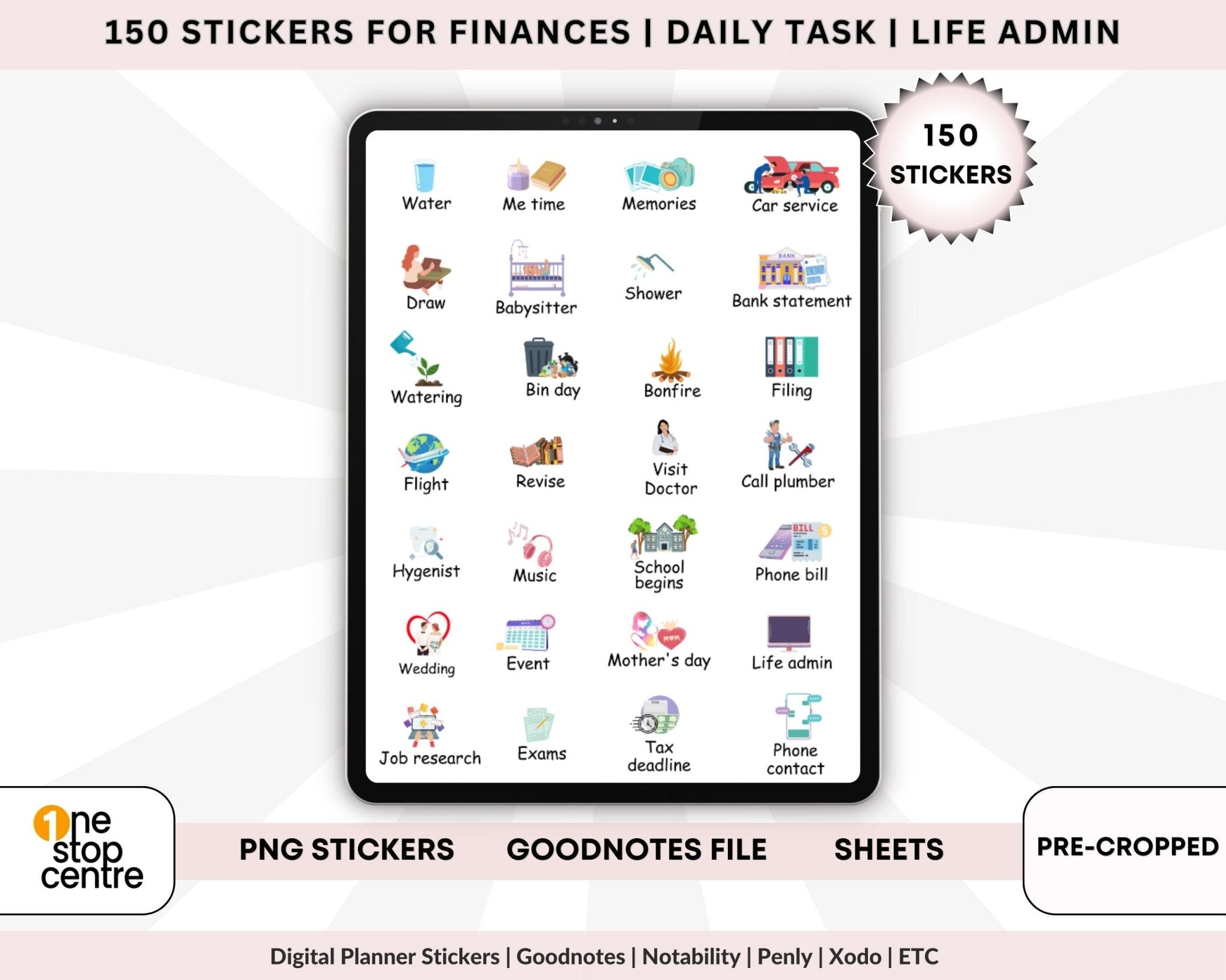 Life admin digital planner stickers, GoodNotes PNG icons for reminders, chores, bills