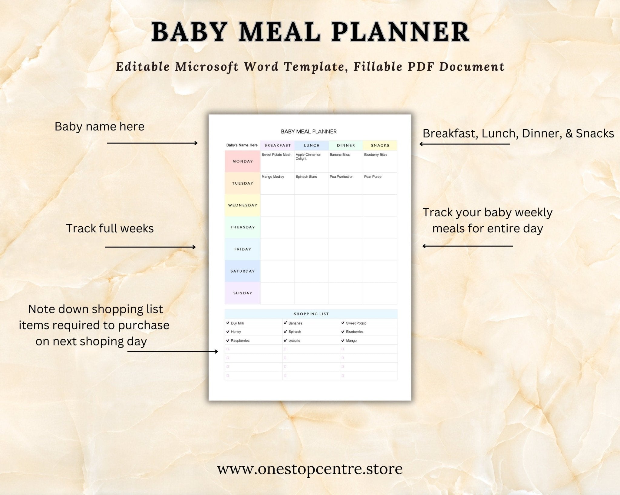 Weekly baby food planning sheet with colorful layout
