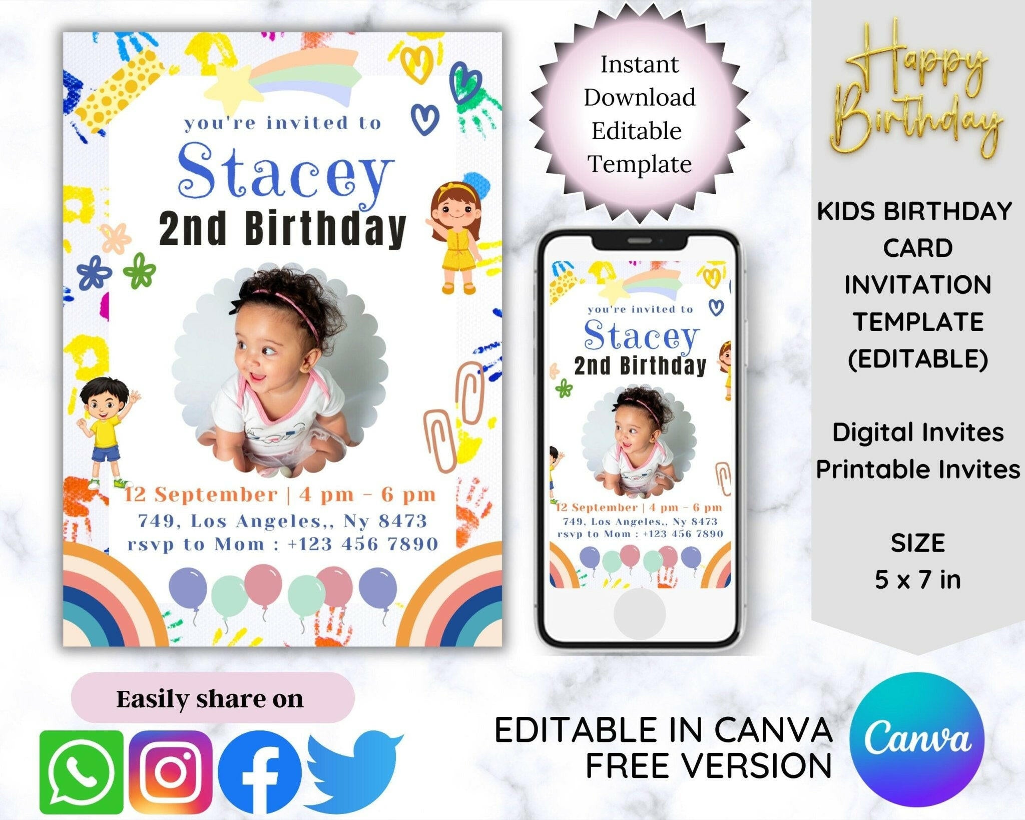 Colorful kids birthday invitation template with editable photo