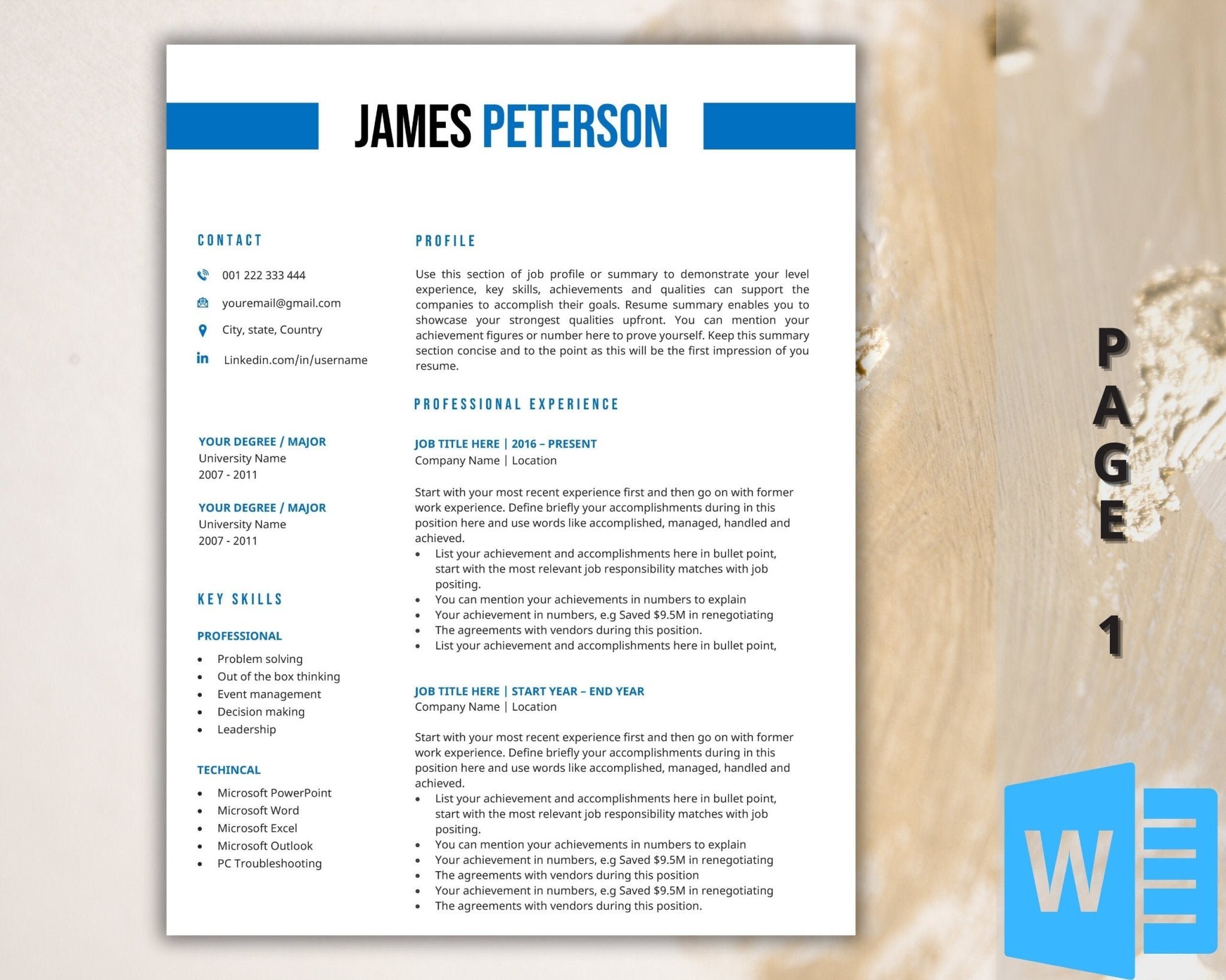 1 Page Minimalist resume template with cover letter in Word
