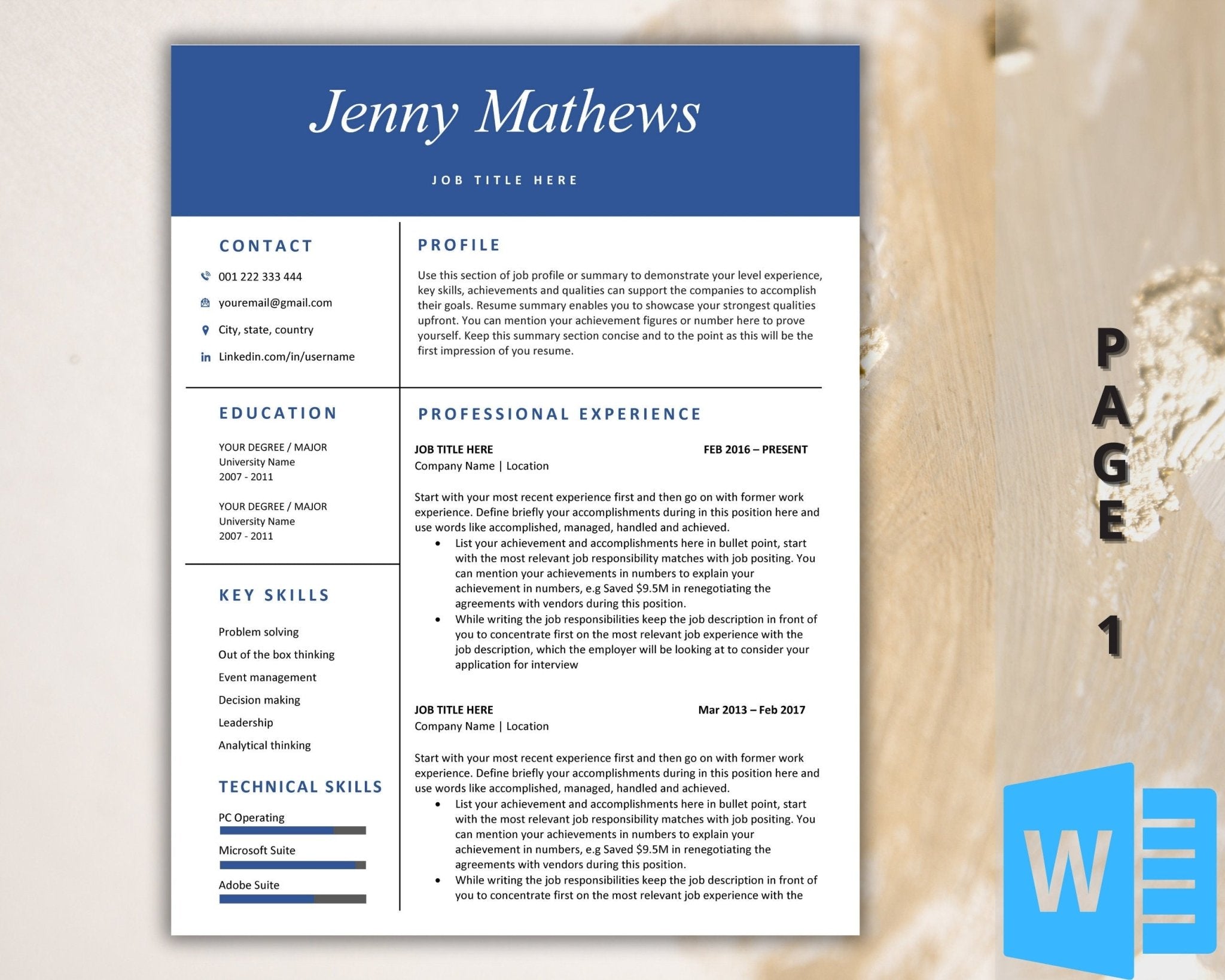 Professional CV with cover letter and reference page